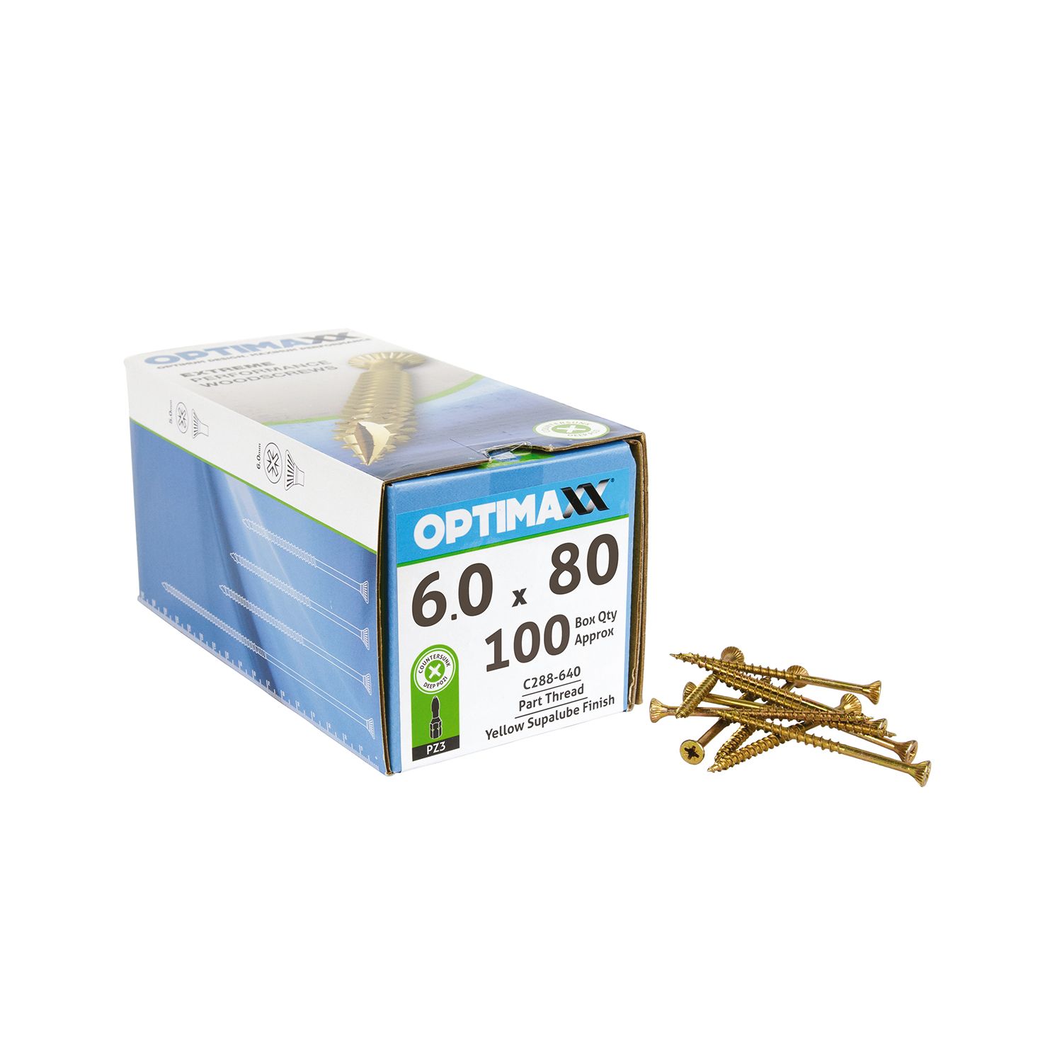 Optimaxx PZ Countersunk Wood Screws 6mm x 80mm 100 Pack (524TY)