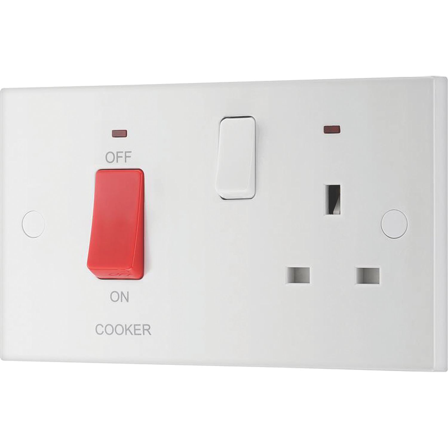 British General 900 Series 45A 2-Gang DP Cooker Switch & 13A DP Switched Socket White with Neon (52668)