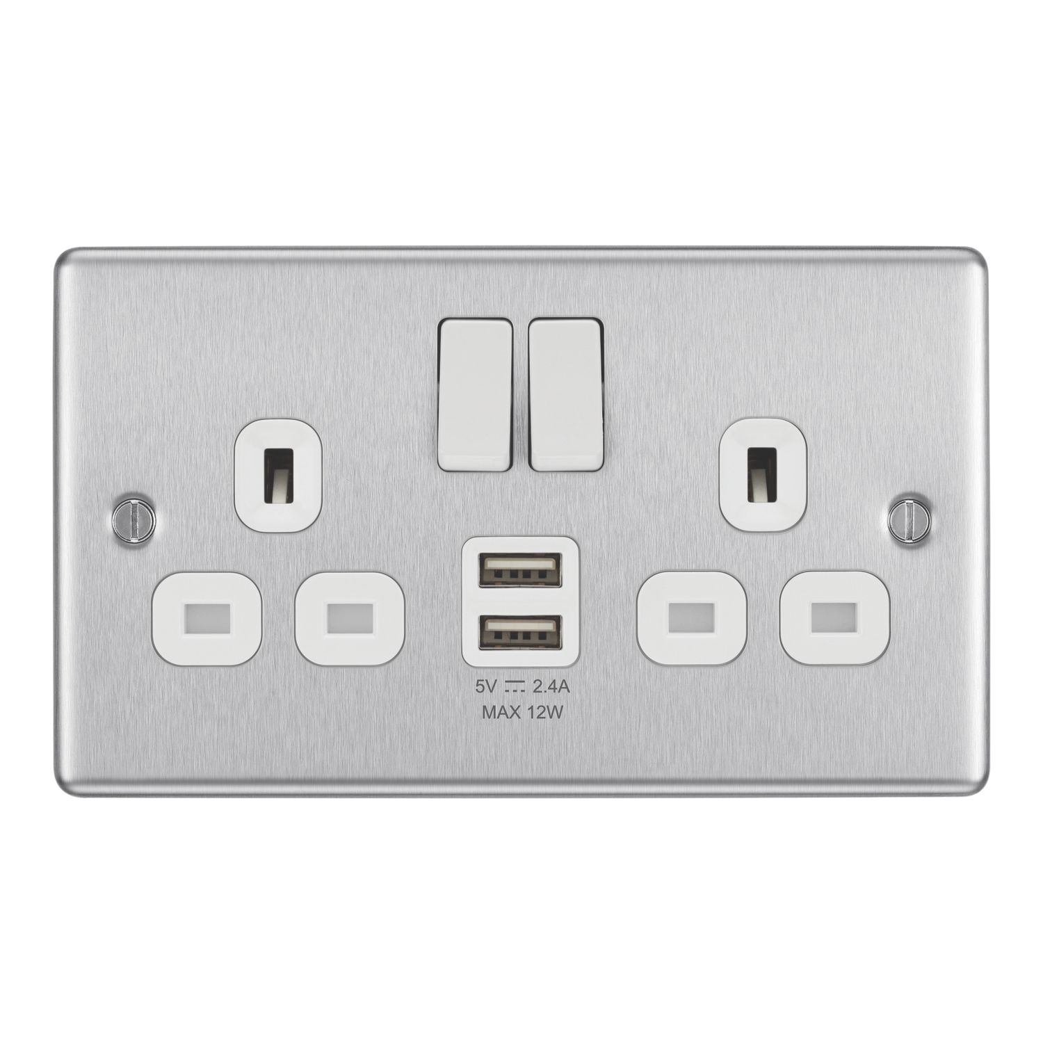 LAP 13A 2-Gang SP Switched Socket + 2.4A 12W 2-Outlet Type A USB Charger Brushed Steel with White Inserts (544PN)