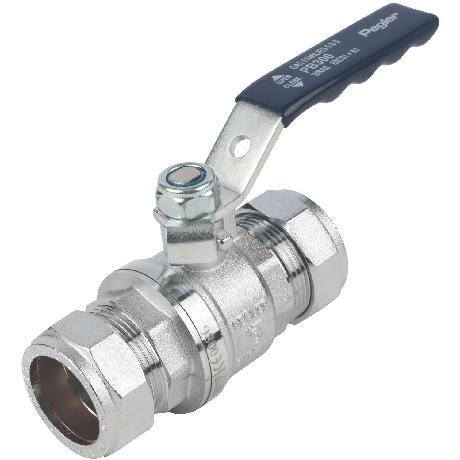 Pegler PB300 Compression Full Bore 28mm Lever Ball Valve with Blue Handle (5457V)