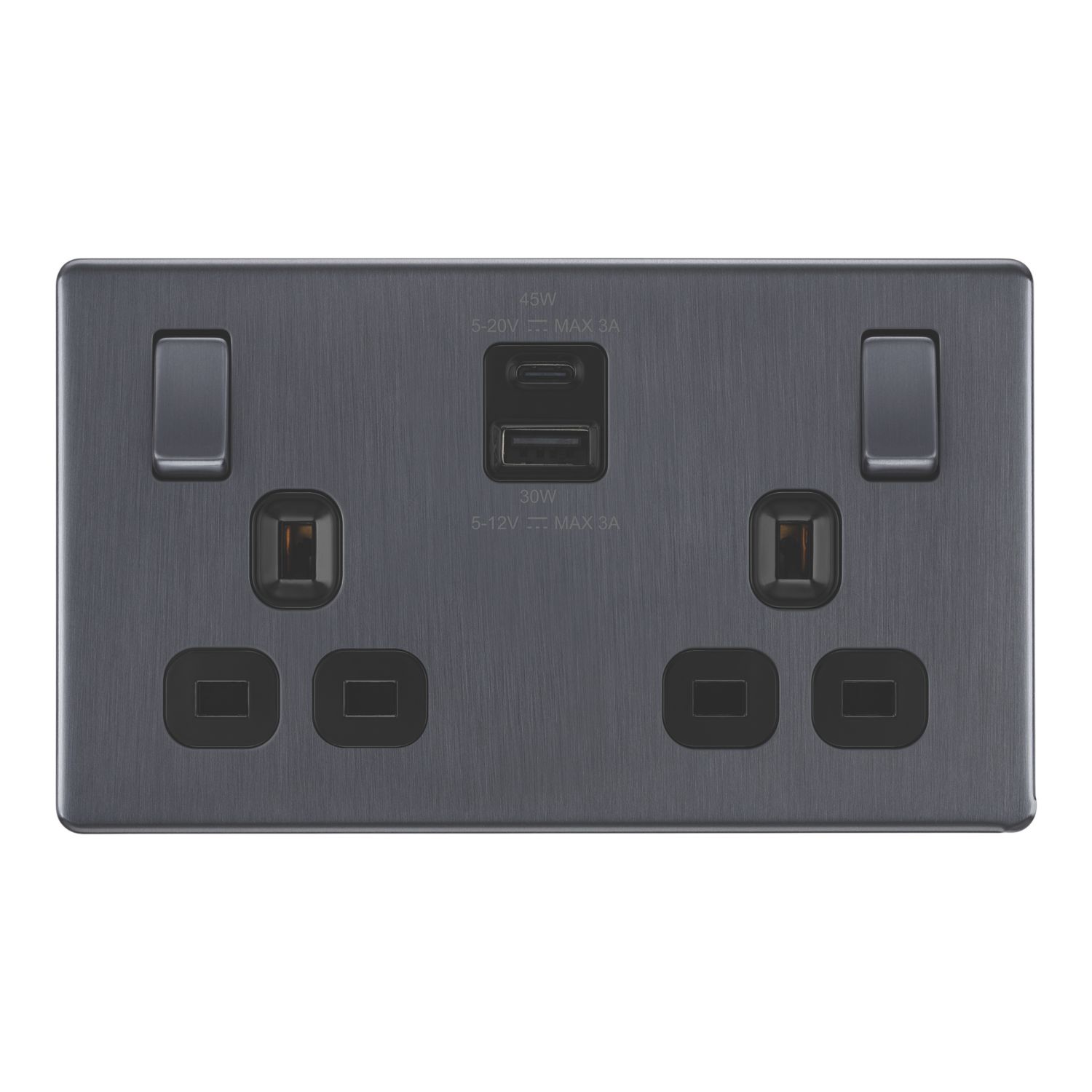 LAP 13A 2-Gang SP Switched Socket + 3A 45W 2-Outlet Type A & C USB Charger Slate Grey with Black Inserts (548PN)