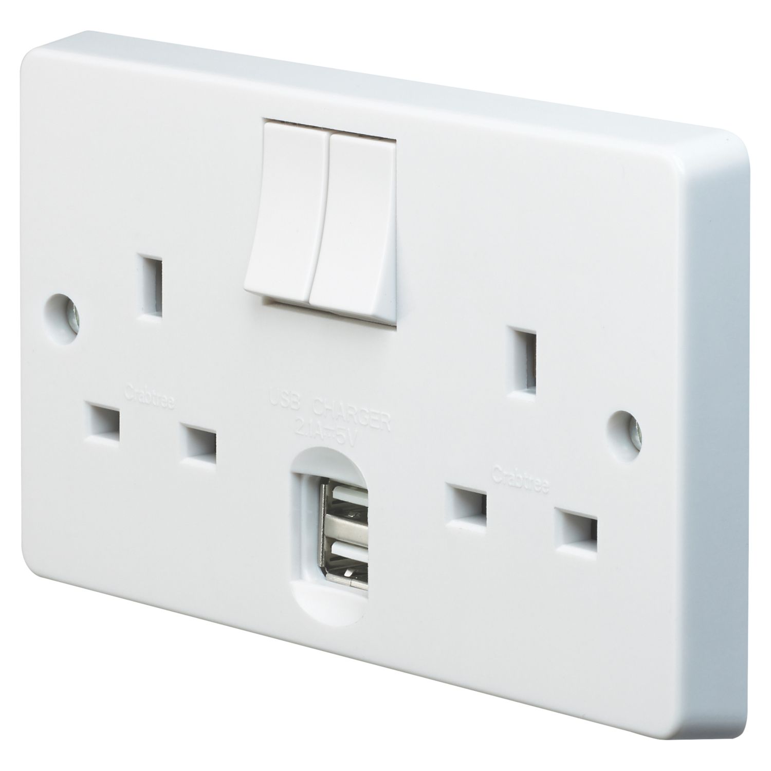 Crabtree Capital 13A 2-Gang DP Switched Socket + 2.1A 10.5W 2-Outlet Type A USB Charger White (5506V)