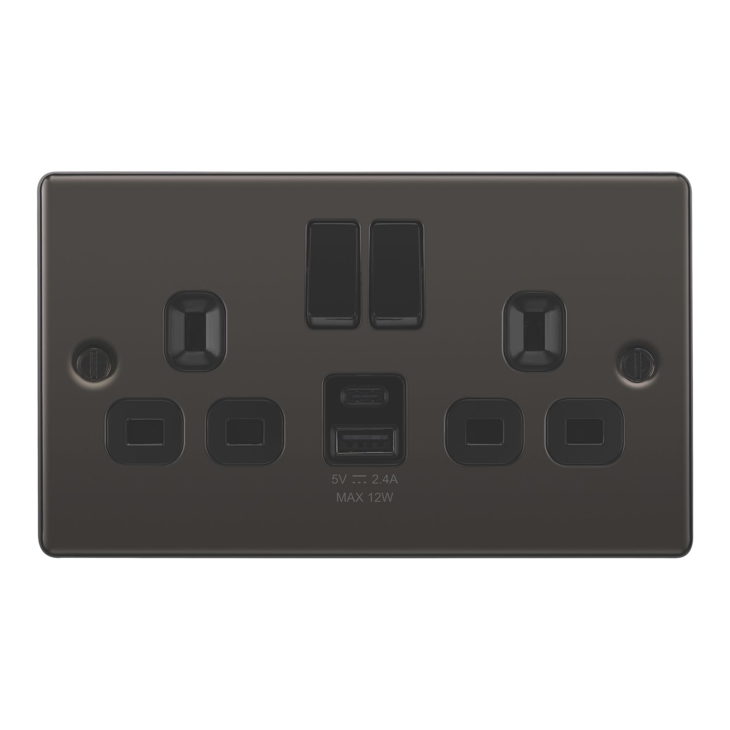 LAP 13A 2-Gang SP Switched Socket + 2.4A 12W 2-Outlet Type A & C USB Charger Black Nickel with Black Inserts (551PN)