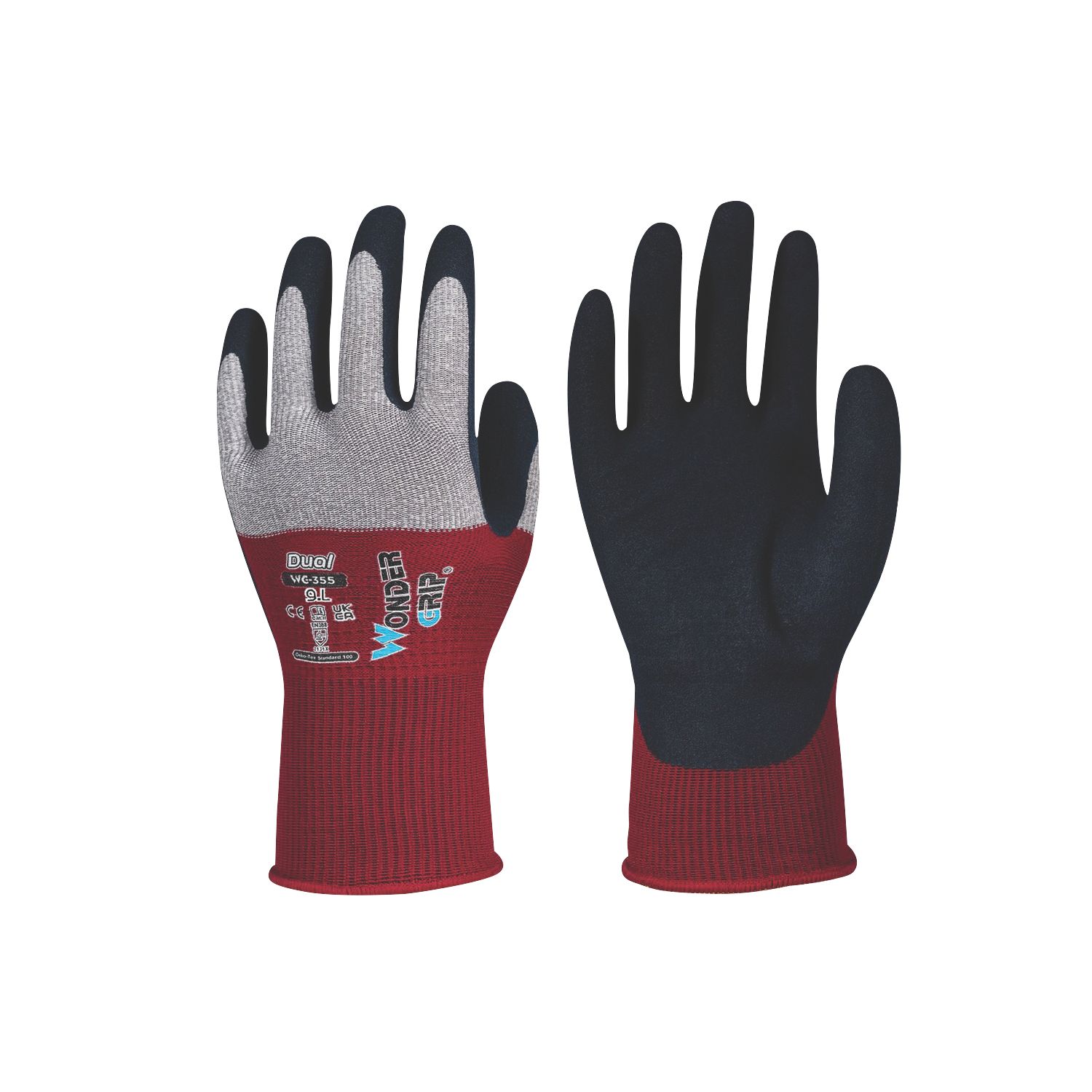 Wonder Grip WG-355 DUAL Protective Work Gloves Red/Black/Grey Large (555PP)