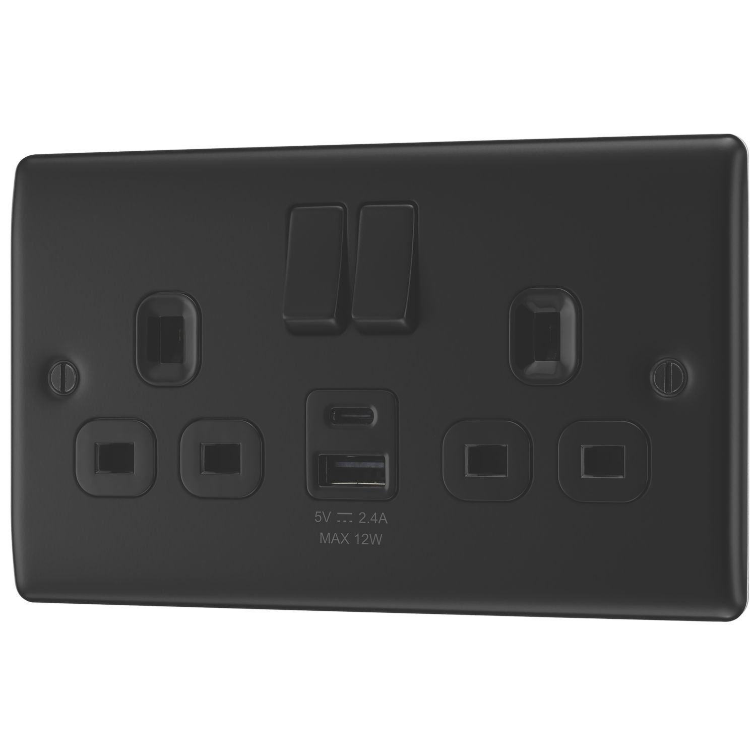 British General Nexus Metal 13A 2-Gang SP Switched Socket + 2.4A 12W 2-Outlet Type A & C USB Charger Matt Black with Black Inserts (567PM)