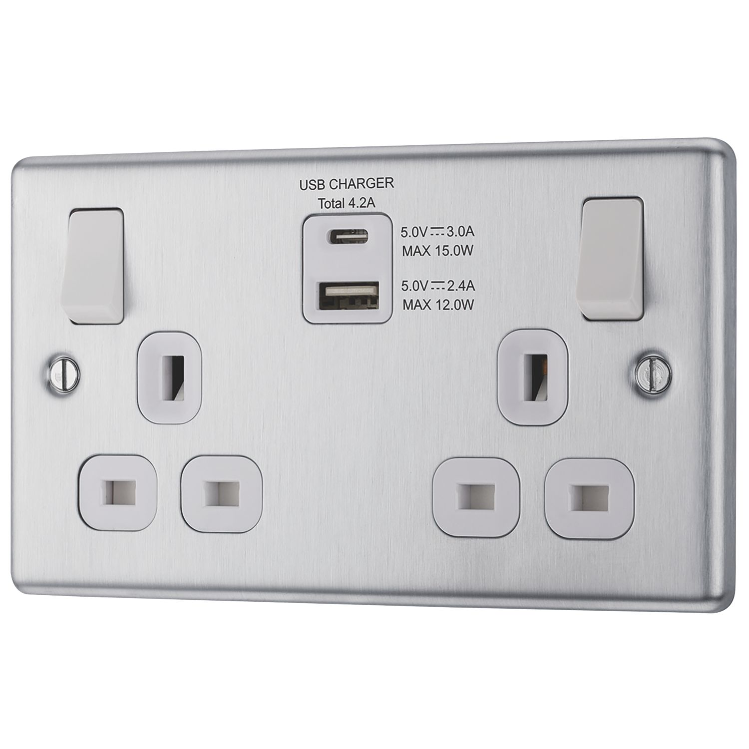 LAP 13A 2-Gang SP Switched Socket + 4.2A 15W 2-Outlet Type A & C USB Charger Brushed Stainless Steel with White Inserts (573HF)