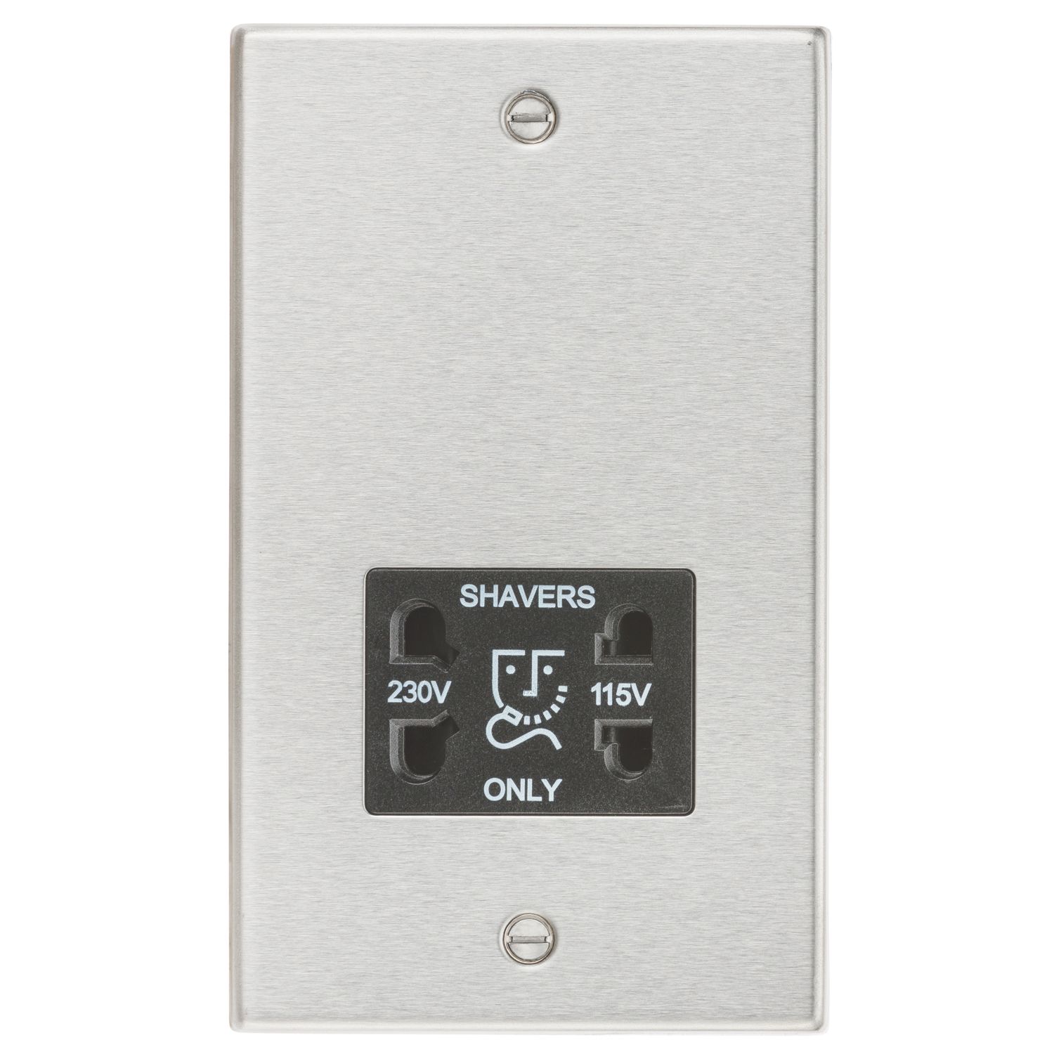 Knightsbridge 2-Gang Dual Voltage Shaver Socket 115 V / 230V Brushed Chrome with Black Inserts (582TY)