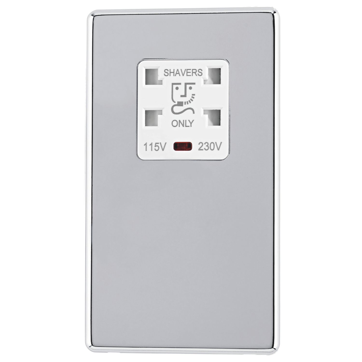 Arlec 2-Gang Dual Voltage Shaver Socket 115/230V Polished Chrome with White Inserts (585RU)