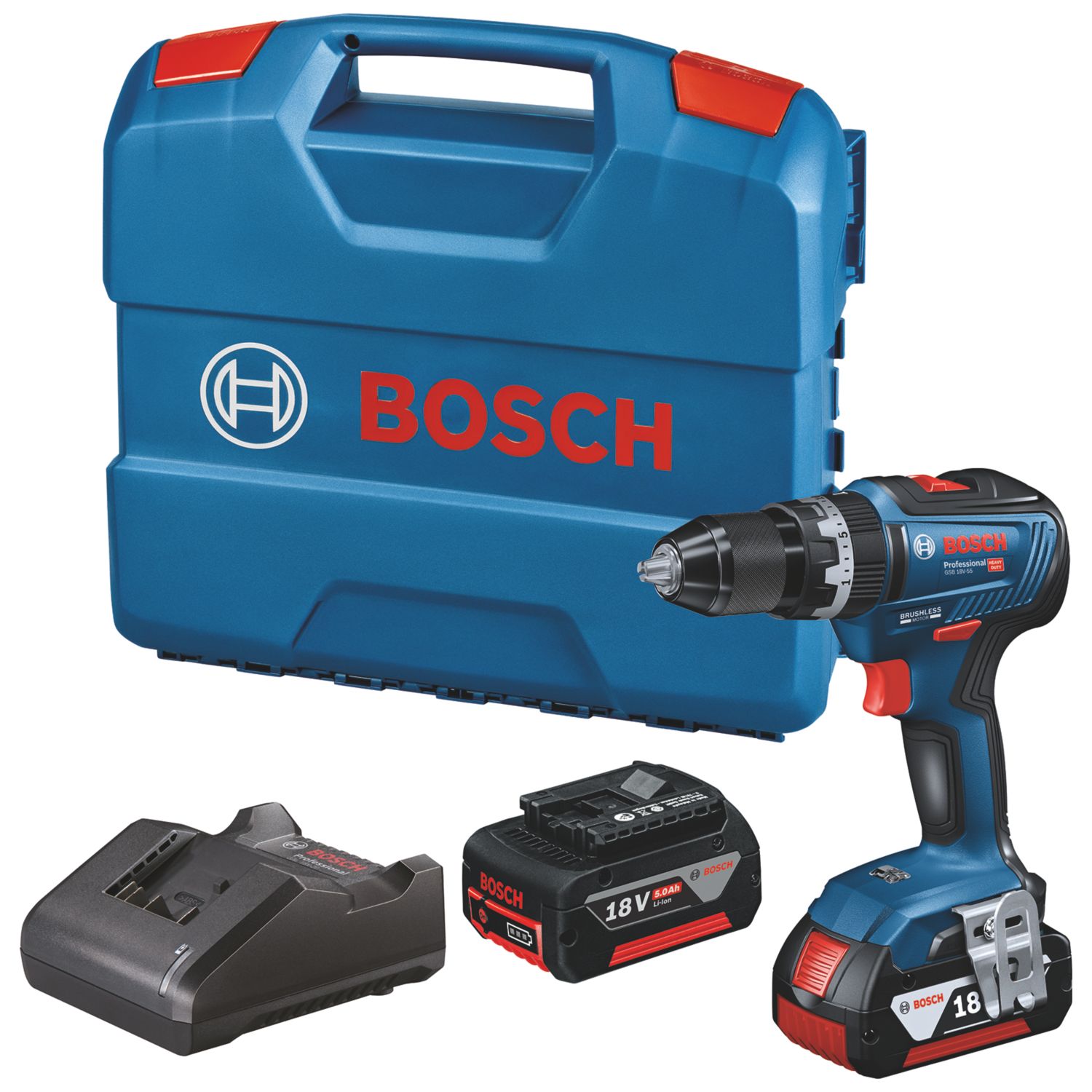 Bosch GSB 18V-55 18V 2 x 5.0Ah Li-Ion Coolpack Brushless Cordless Combi Drill (588PV)