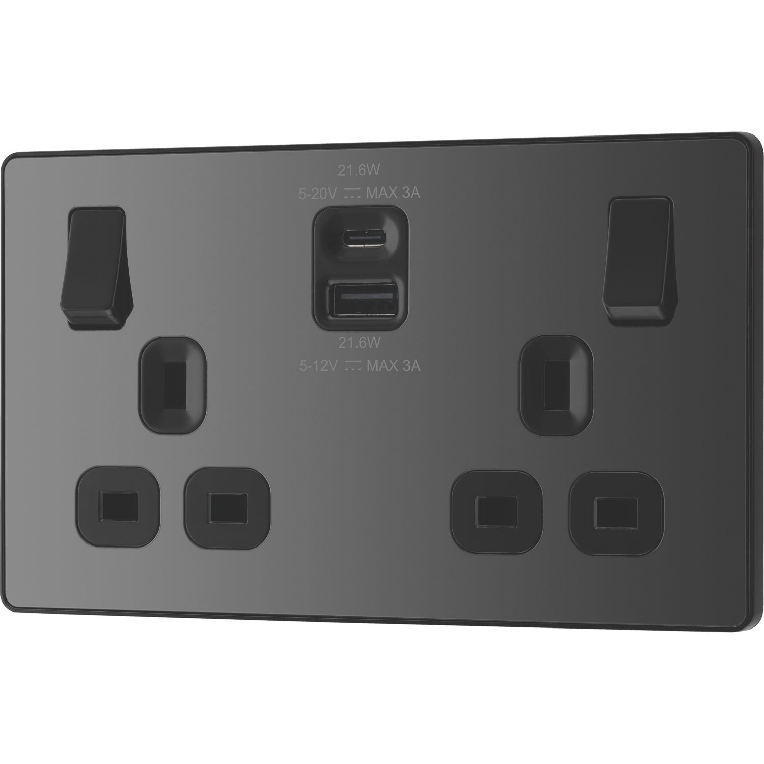 British General Evolve 13A 2-Gang SP Switched Socket + 3A 22W 2-Outlet Type A & C USB Charger Black Chrome with Black Inserts (592YV)