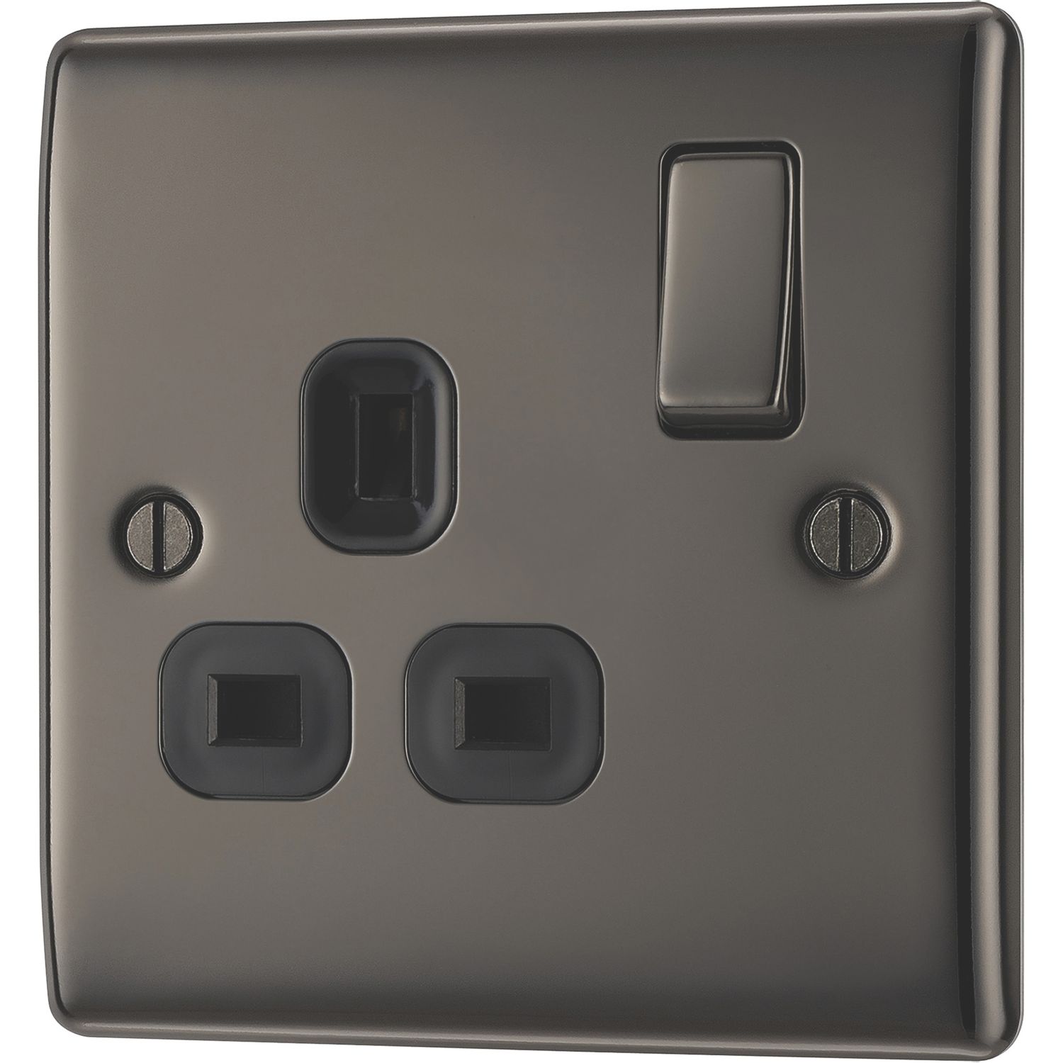 British General Nexus Metal 13A 1-Gang DP Switched Plug Socket Black Nickel with Black Inserts (59303)