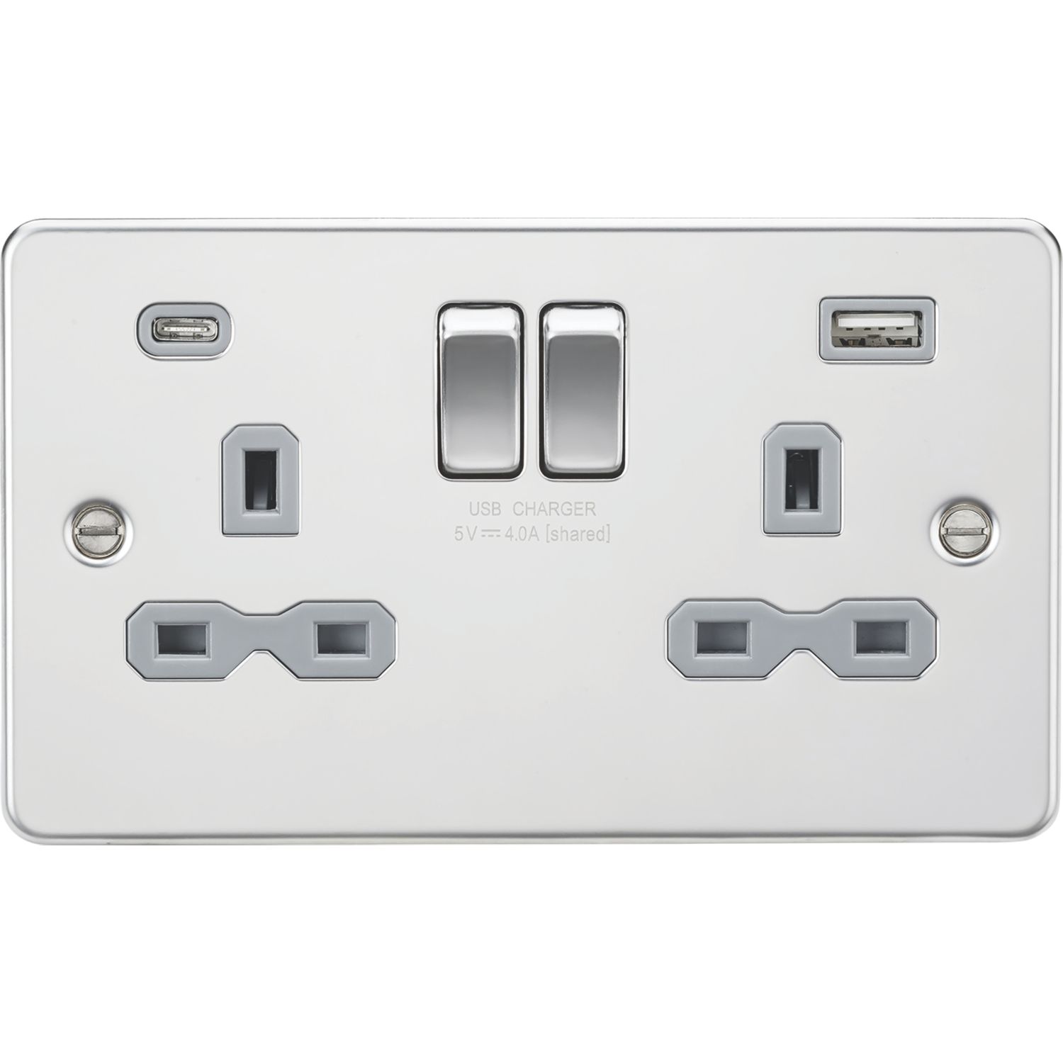 Knightsbridge 13A 2-Gang SP Switched Socket + 4.0A 20W 2-Outlet Type A & C USB Charger Polished Chrome with Grey Inserts (596PX)
