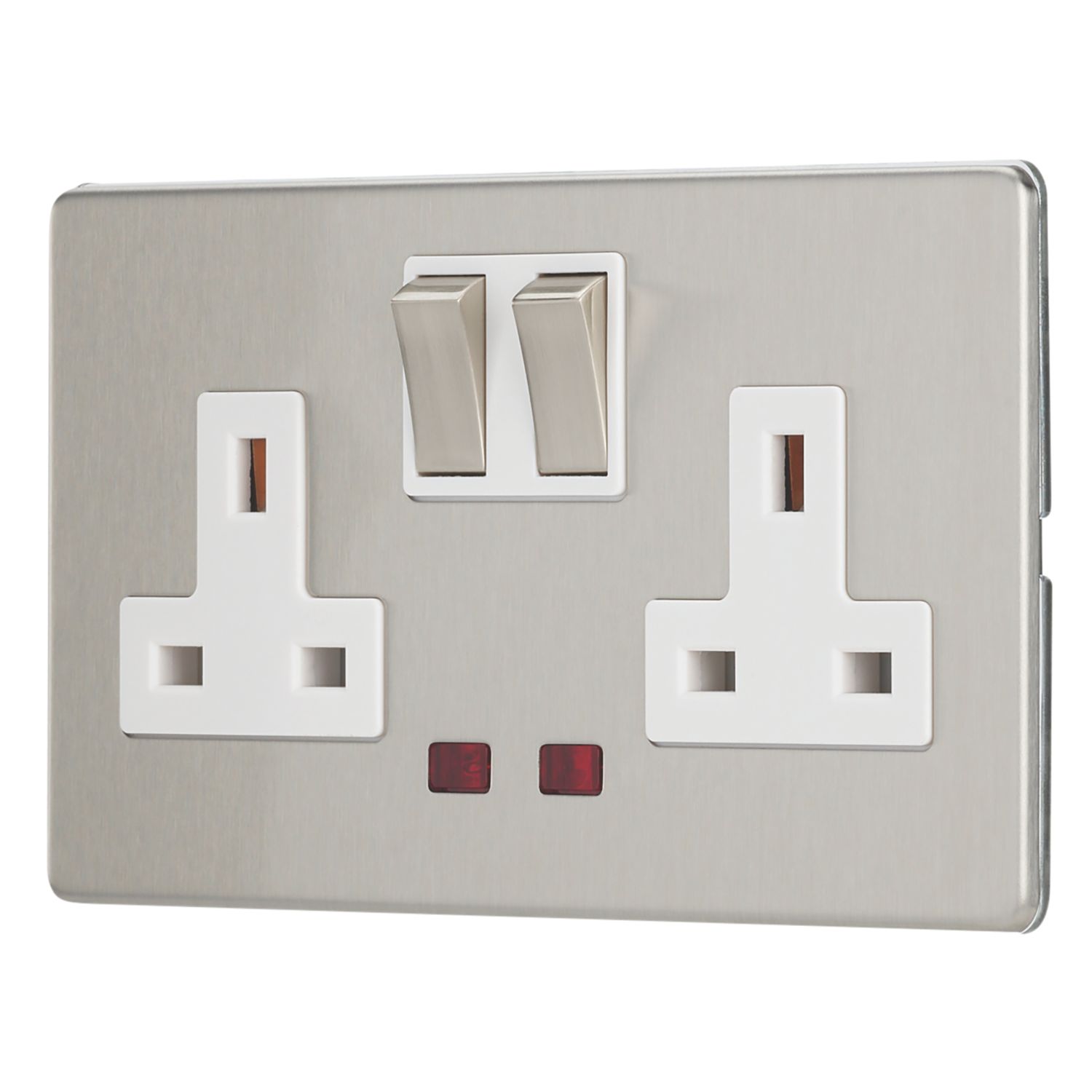 Contactum Lyric 13A 2-Gang DP Switched Socket Outlet Brushed Steel with Neon with White Inserts (597RR)