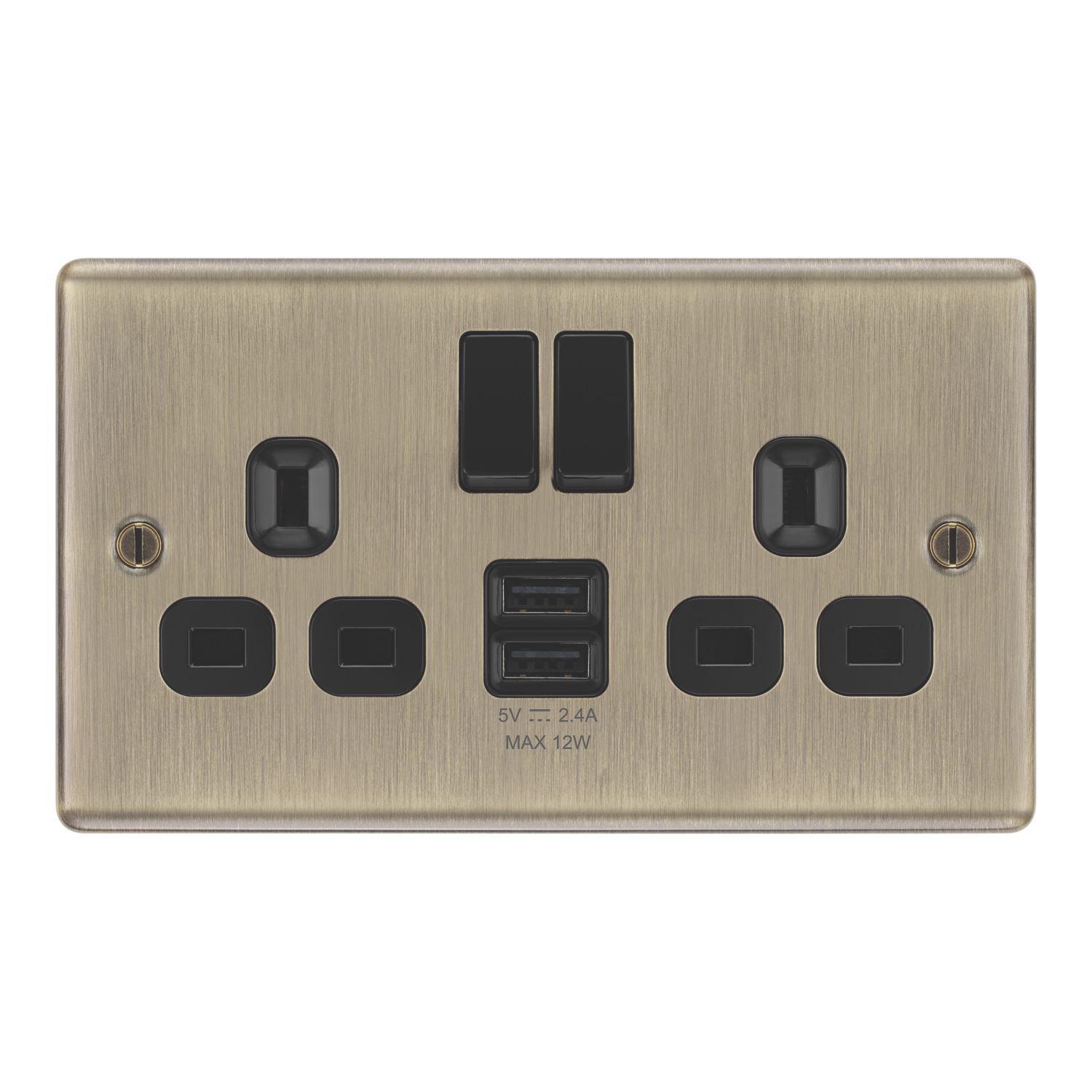 LAP 13A 2-Gang SP Switched Socket + 2.4A 12W 2-Outlet Type A USB Charger Antique Brass with Black Inserts (604PN)