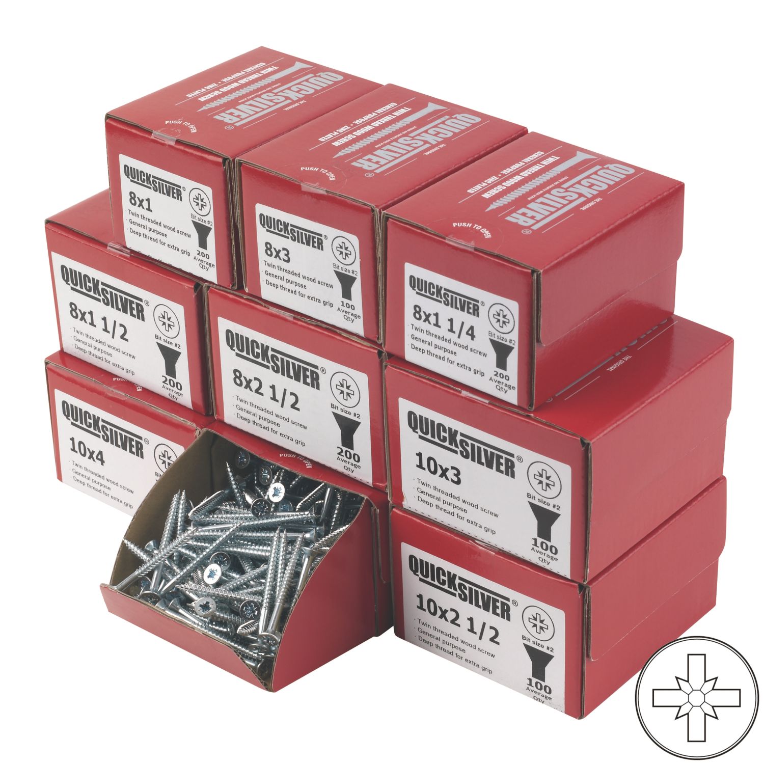 Quicksilver PZ Double-Countersunk Woodscrews Trade Pack 1400 Pcs (60954)