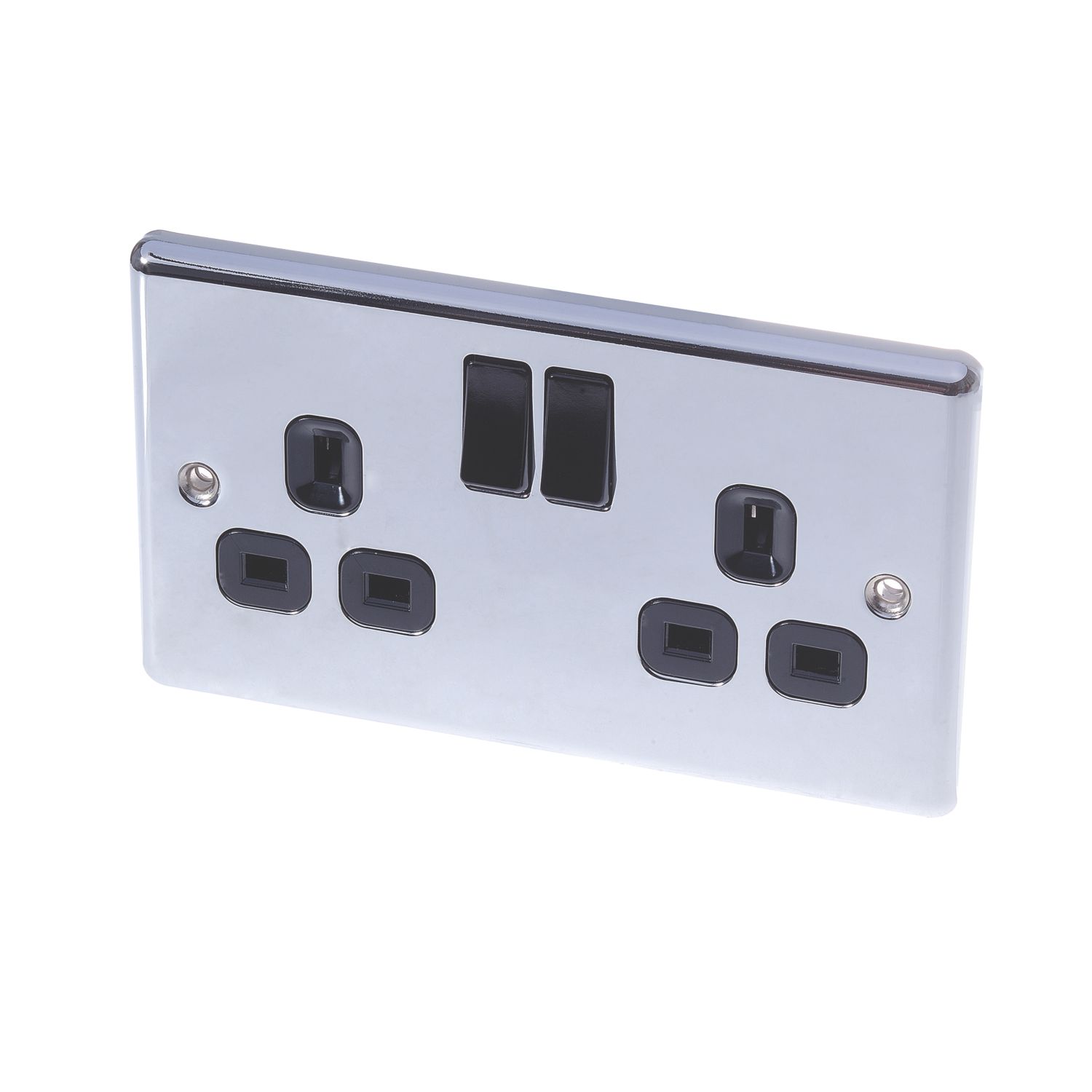 LAP 13A 2-Gang SP Switched Plug Socket Polished Chrome with Black Inserts (6100C)