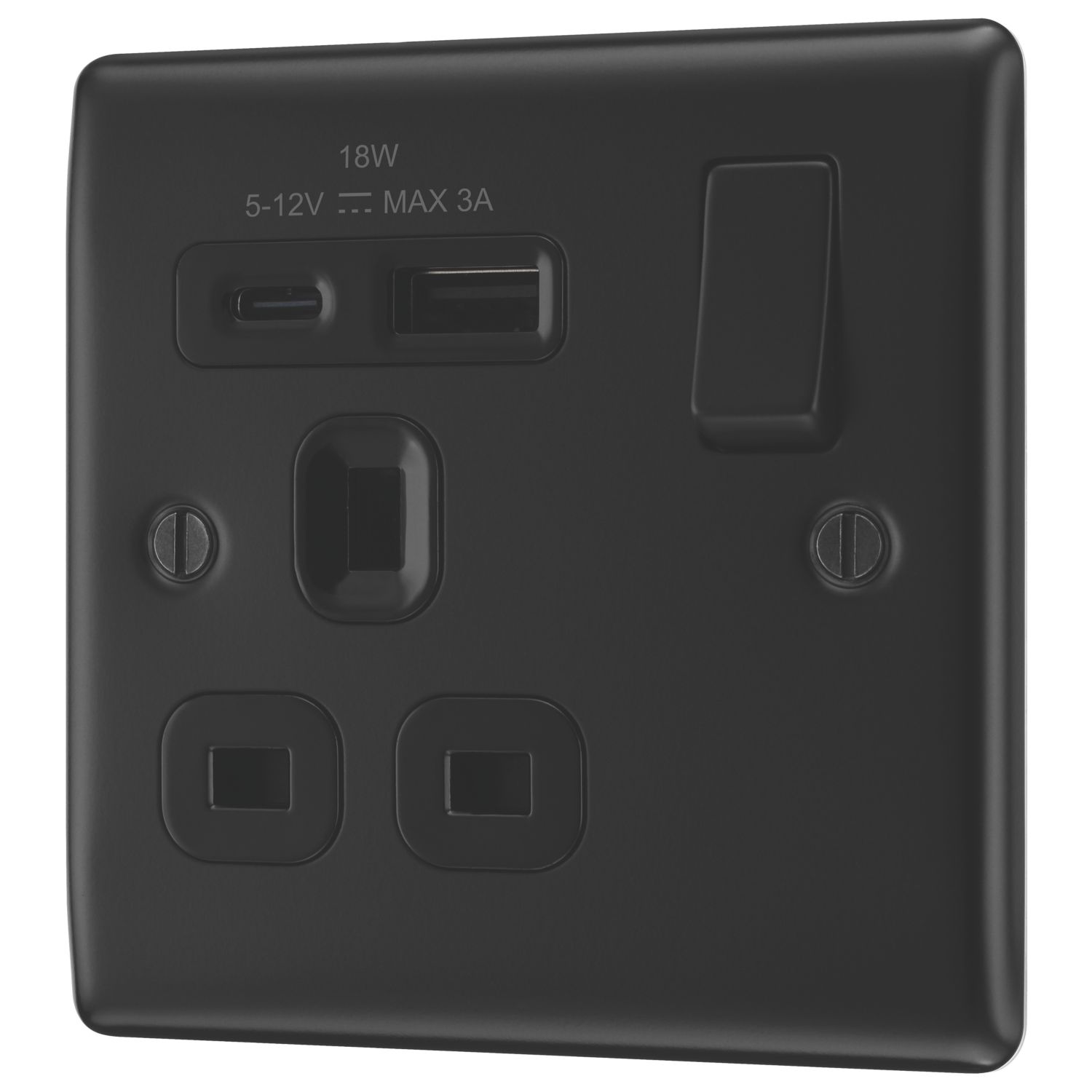 British General Nexus Metal 13A 1-Gang SP Switched Socket + 3A 18W 2-Outlet Type A & C USB Charger Matt Black with Black Inserts (612CH)