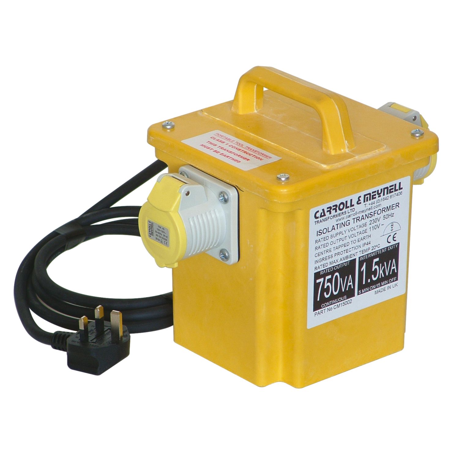 Carroll & Meynell 1500VA Intermittent Step-Down Isolation Transformer 230V/110V Yellow (61847)