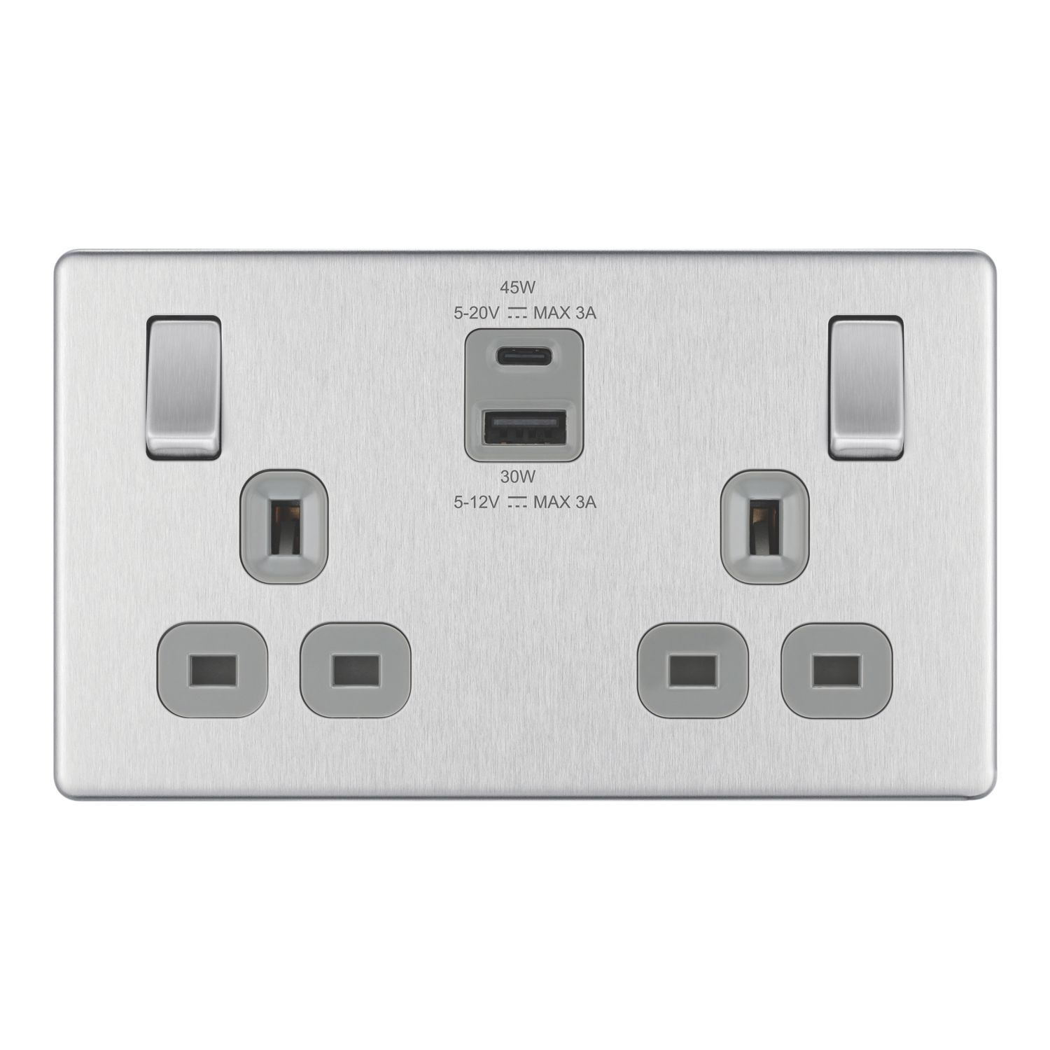 LAP 13A 2-Gang SP Switched Socket + 3A 45W 2-Outlet Type A & C USB Charger Brushed Steel with Grey Inserts (619PN)