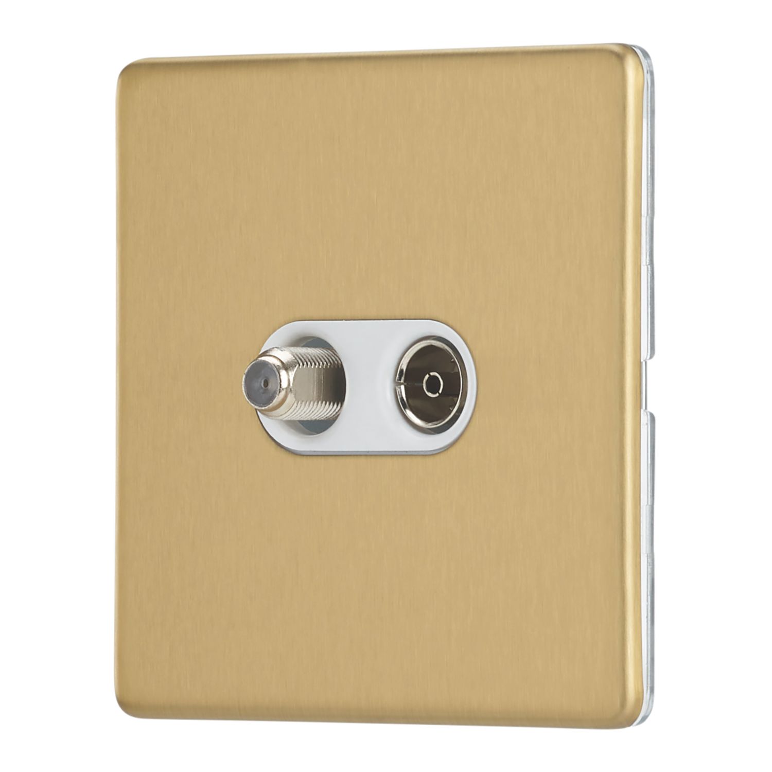Contactum Lyric 2-Gang Coaxial TV & F-Type Satellite Socket Brushed Brass with White Inserts (619RR)