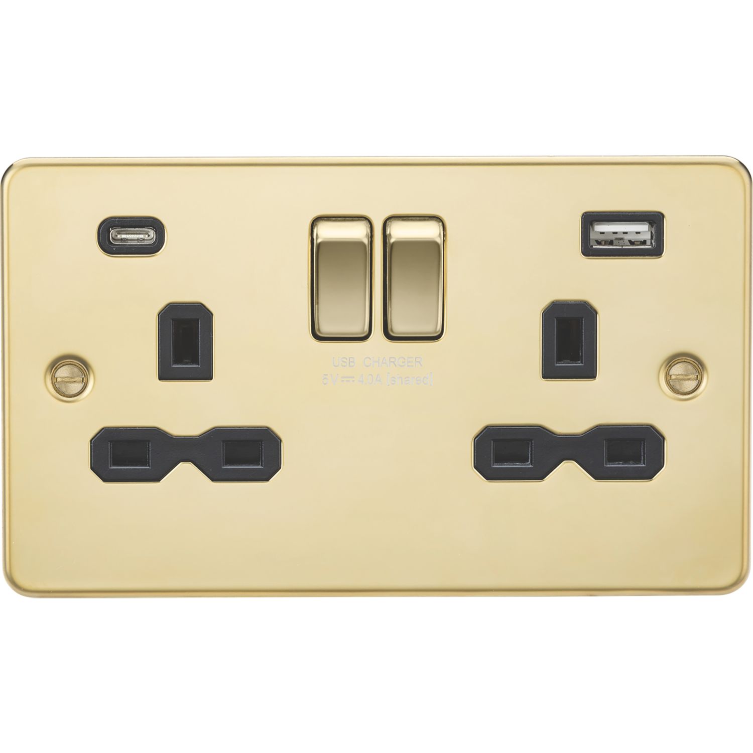 Knightsbridge 13A 2-Gang SP Switched Socket + 4.0A 20W 2-Outlet Type A & C USB Charger Polished Brass with Black Inserts (620PX)