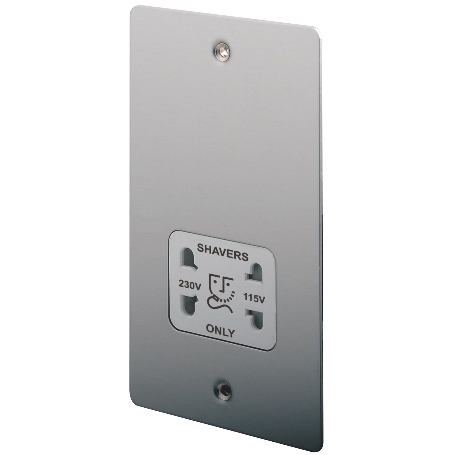 LAP 2-Gang Dual Voltage Shaver Socket 115 / 230V Brushed Stainless Steel with White Inserts (62397)