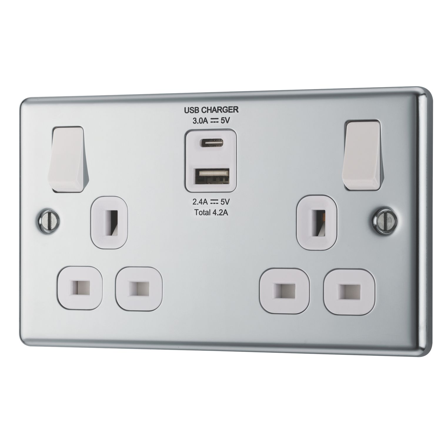 LAP 13A 2-Gang SP Switched Socket + 4.2A 15W 2-Outlet Type A & C USB Charger Polished Chrome with White Inserts (623HF)