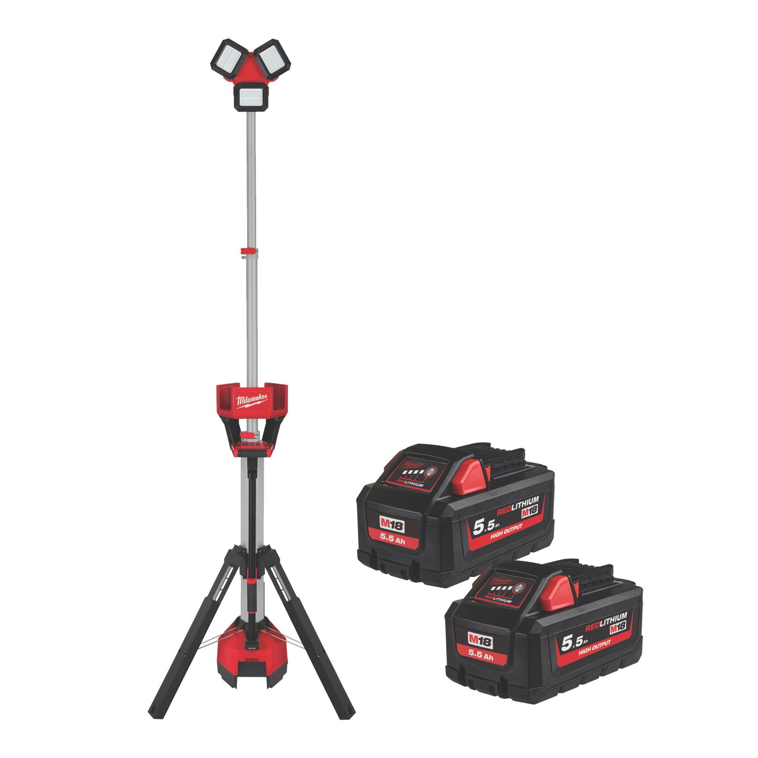 Milwaukee M18 HOSALC-552B 2.2m 18V 2 x 5.5Ah Li-Ion RedLithium High Output Cordless Trueview Stand Area Light (624GE)