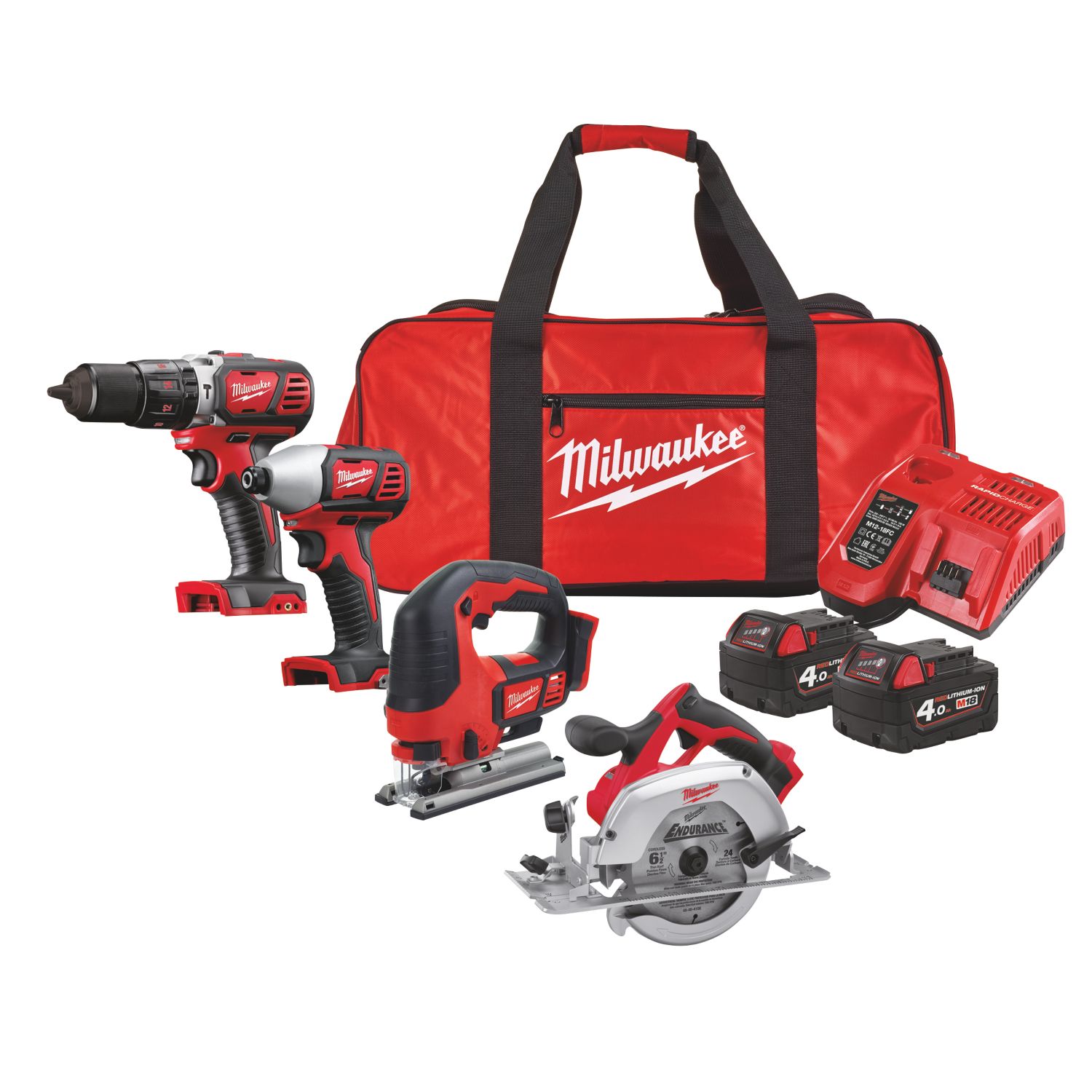 Milwaukee M18 BPP4C-402B 18V 2 x 4.0Ah Li-Ion RedLithium Cordless 4 Piece Kit (624HP)