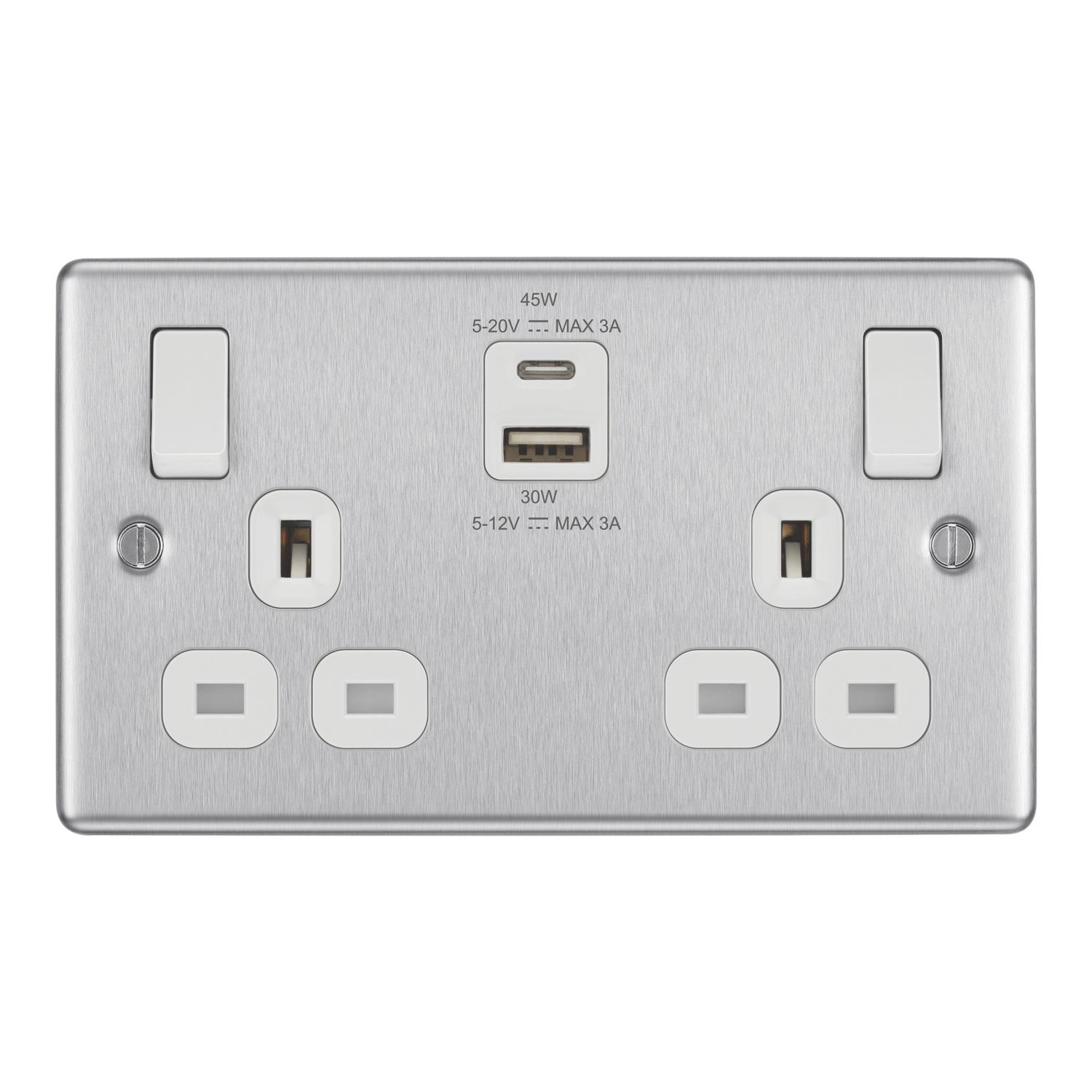 LAP 13A 2-Gang SP Switched Socket + 3A 45W 2-Outlet Type A & C USB Charger Brushed Steel with White Inserts (626PN)