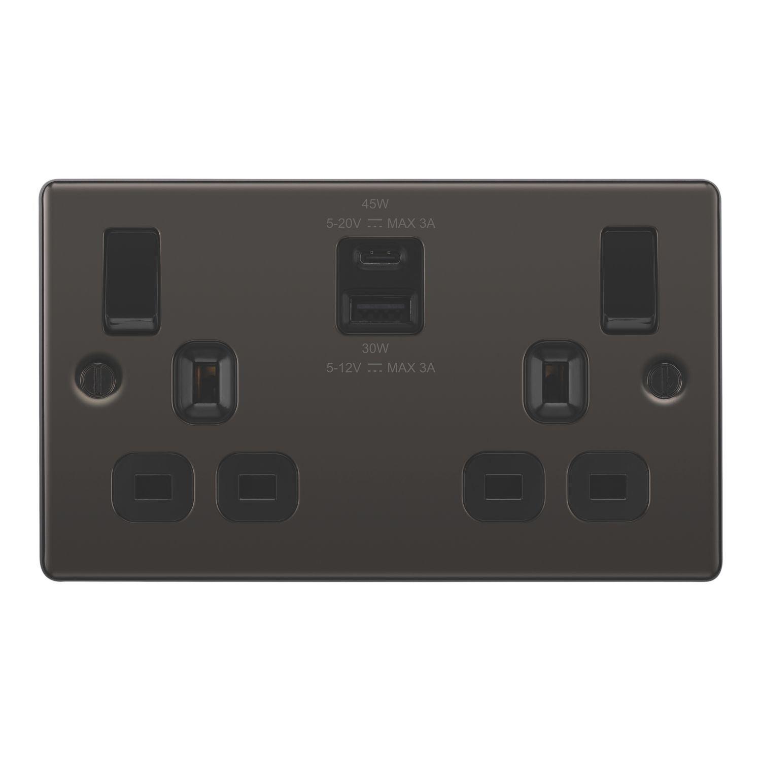 LAP 13A 2-Gang SP Switched Socket + 3A 45W 2-Outlet Type A & C USB Charger Black Nickel with Black Inserts (631PN)