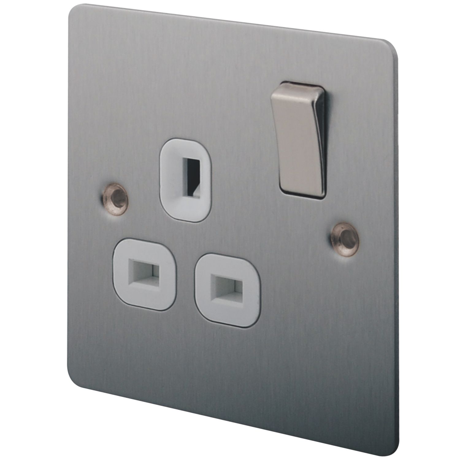 LAP 13A 1-Gang DP Switched Plug Socket Brushed Stainless Steel with White Inserts (64119)