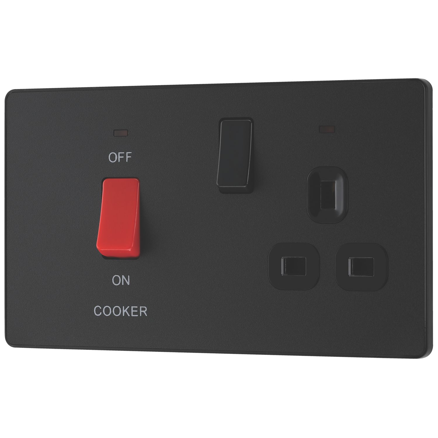 British General Evolve 45A 2-Gang 2-Pole Cooker Switch & 13A DP Switched Socket Matt Black with LED with Black Inserts (644PX)