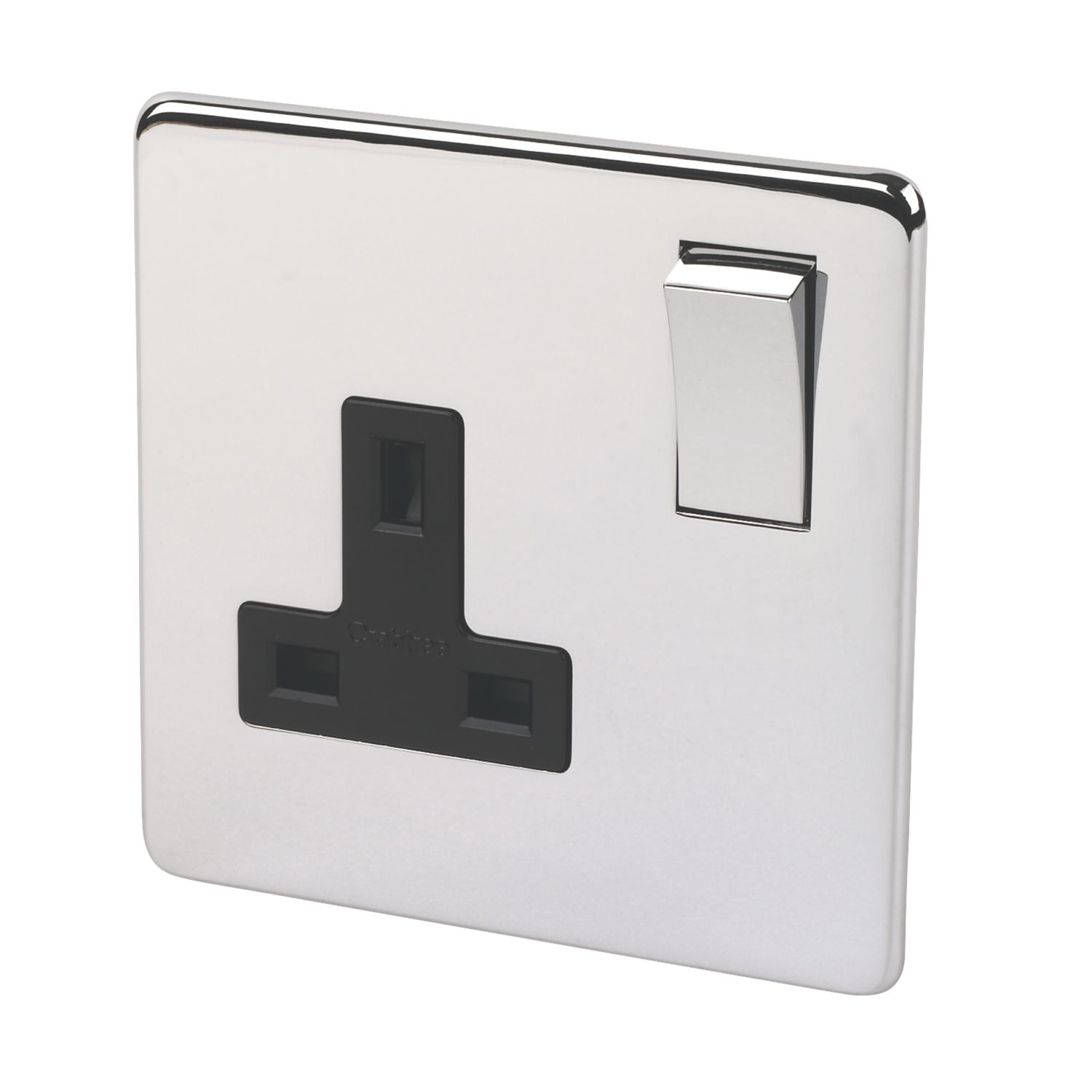 Crabtree Platinum 13A 1-Gang DP Switched Plug Socket Polished Chrome with Black Inserts (64561)