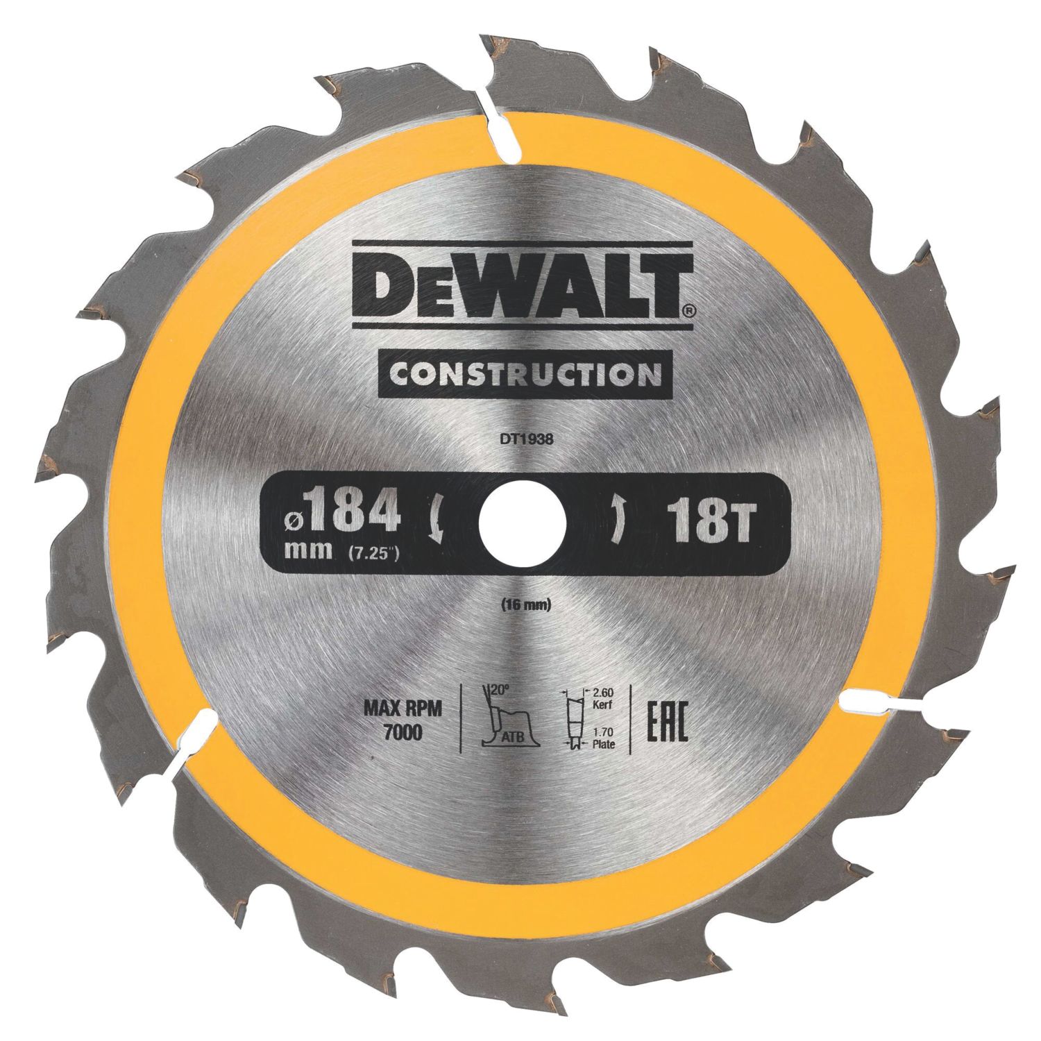 DEWALT Hardwood Construction Circular Saw Blade 184mm x 16mm 18T (646TH)