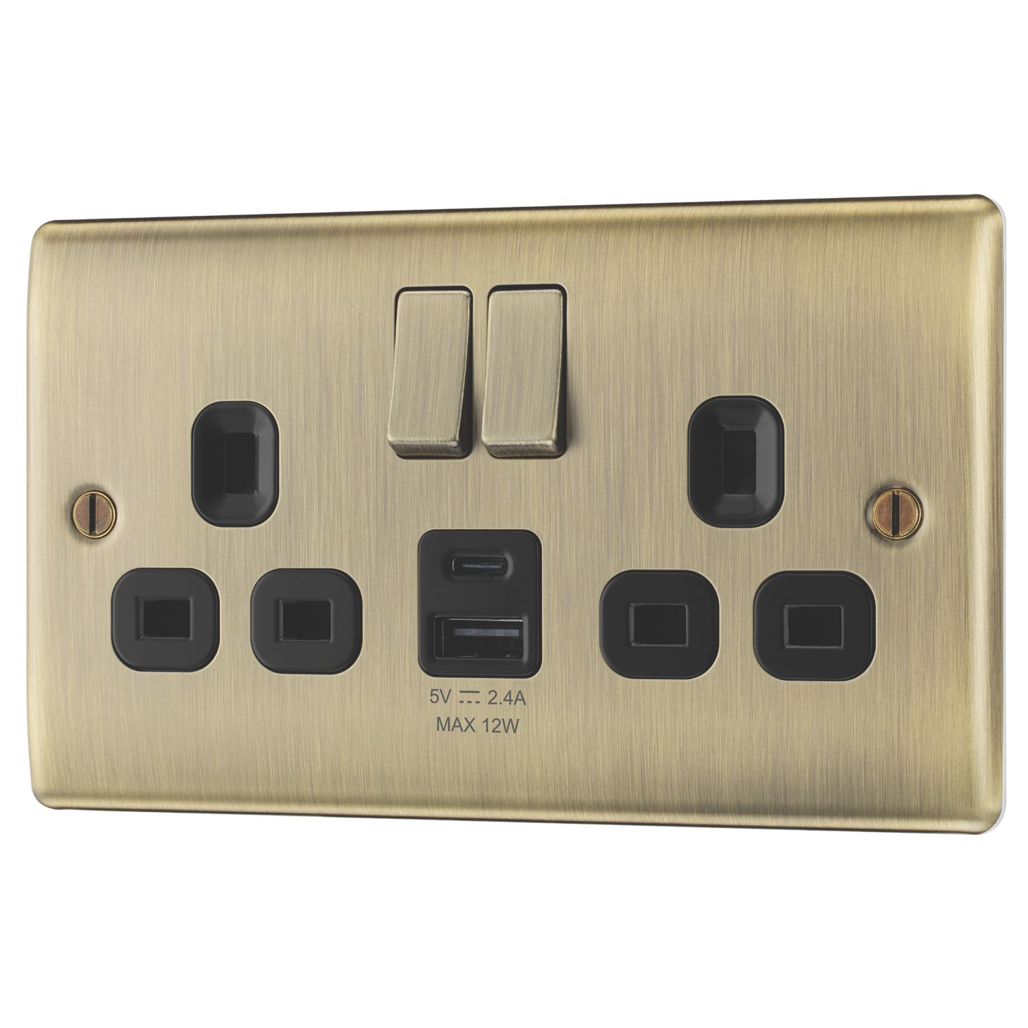 British General Nexus Metal 13A 2-Gang SP Switched Socket + 2.4A 12W 2-Outlet Type A & C USB Charger Antique Brass with Black Inserts (647PM)
