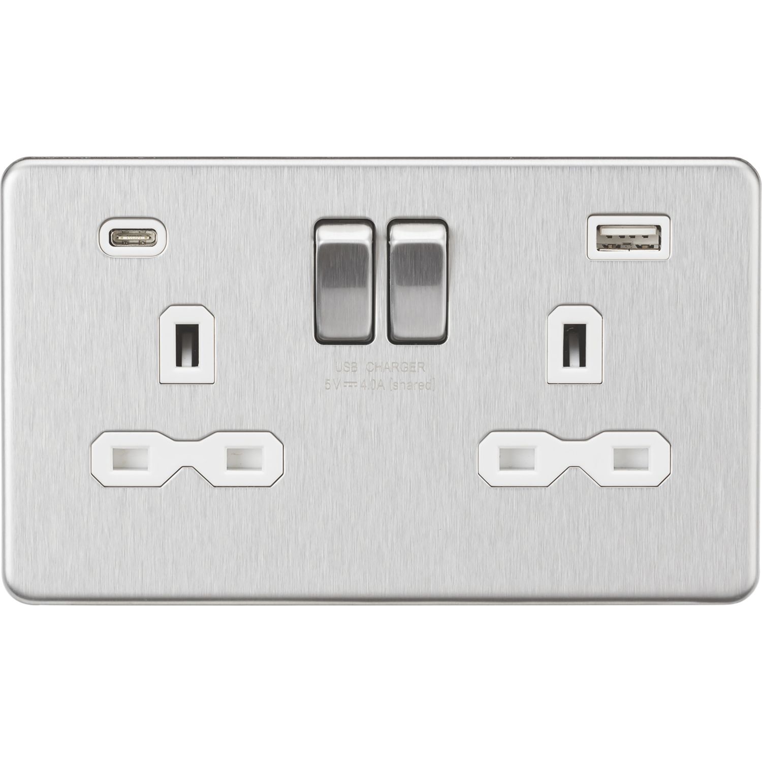 Knightsbridge 13A 2-Gang SP Switched Socket + 4.0A 20W 2-Outlet Type A & C USB Charger Brushed Chrome with White Inserts (647PX)