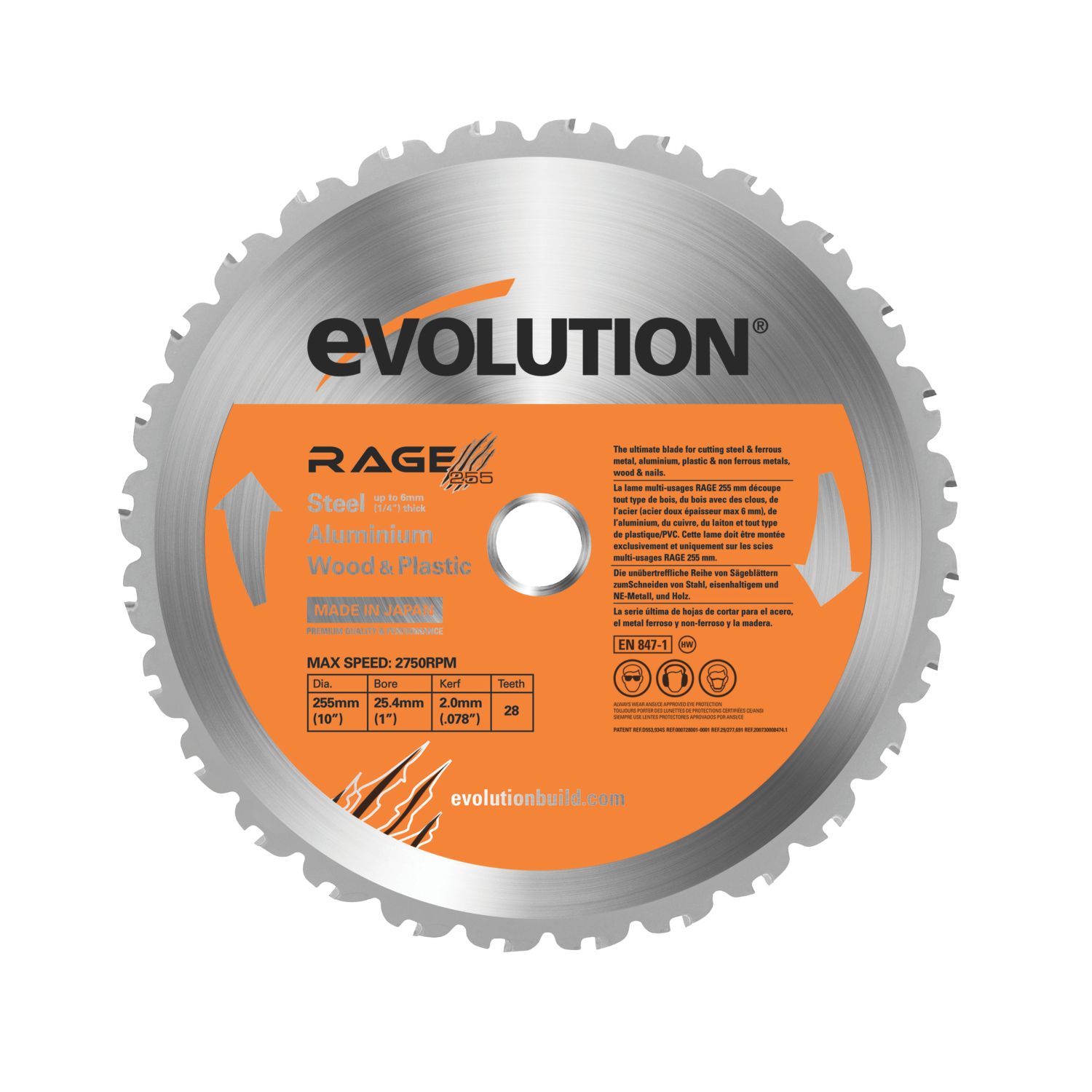 Evolution Multi-Material Circular Saw Blade 255mm x 25.4mm 28T (65166)