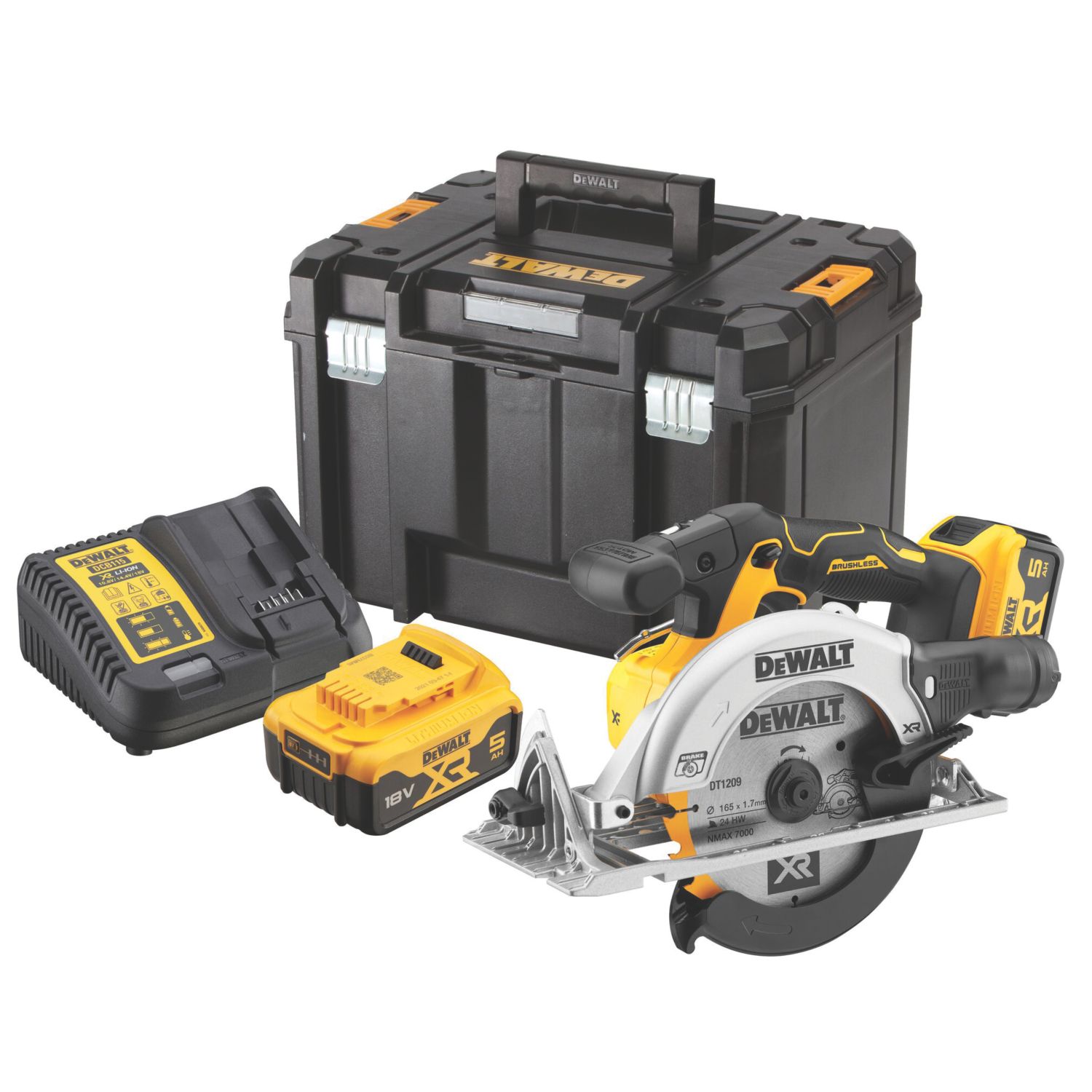 DEWALT DCS565P2-GB 165mm 18V 2 x 5.0Ah Li-Ion XR Brushless Cordless Circular Saw (659FU)