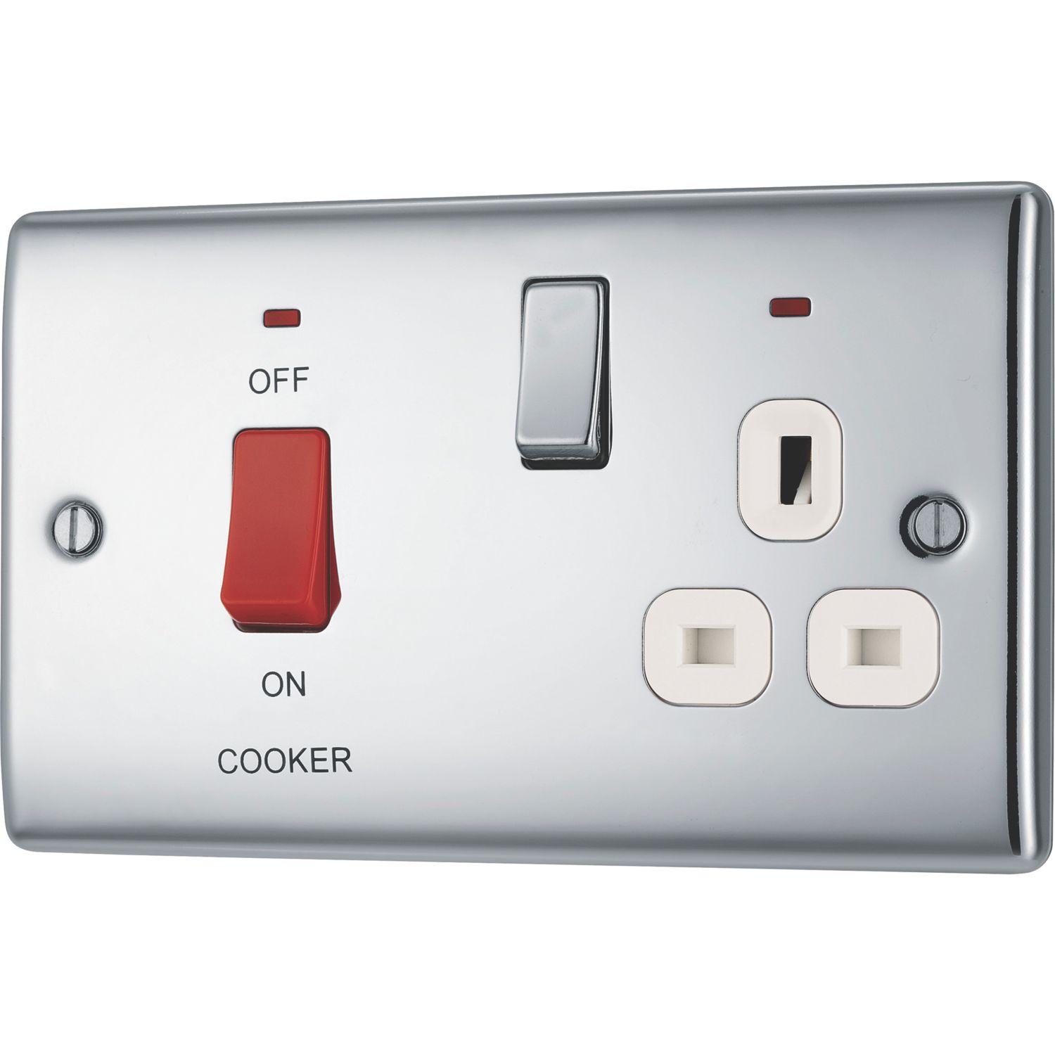 British General Nexus Metal 45A 2-Gang DP Cooker Switch & 13A DP Switched Socket Polished Chrome with LED with White Inserts (661FT)
