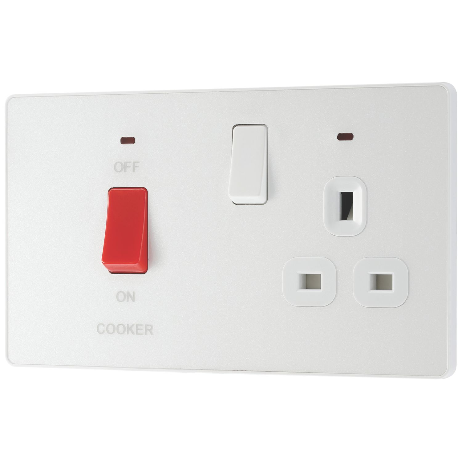 British General Evolve 45A 2-Gang 2-Pole Cooker Switch & 13A DP Switched Socket Pearlescent White with LED with White Inserts (661PX)