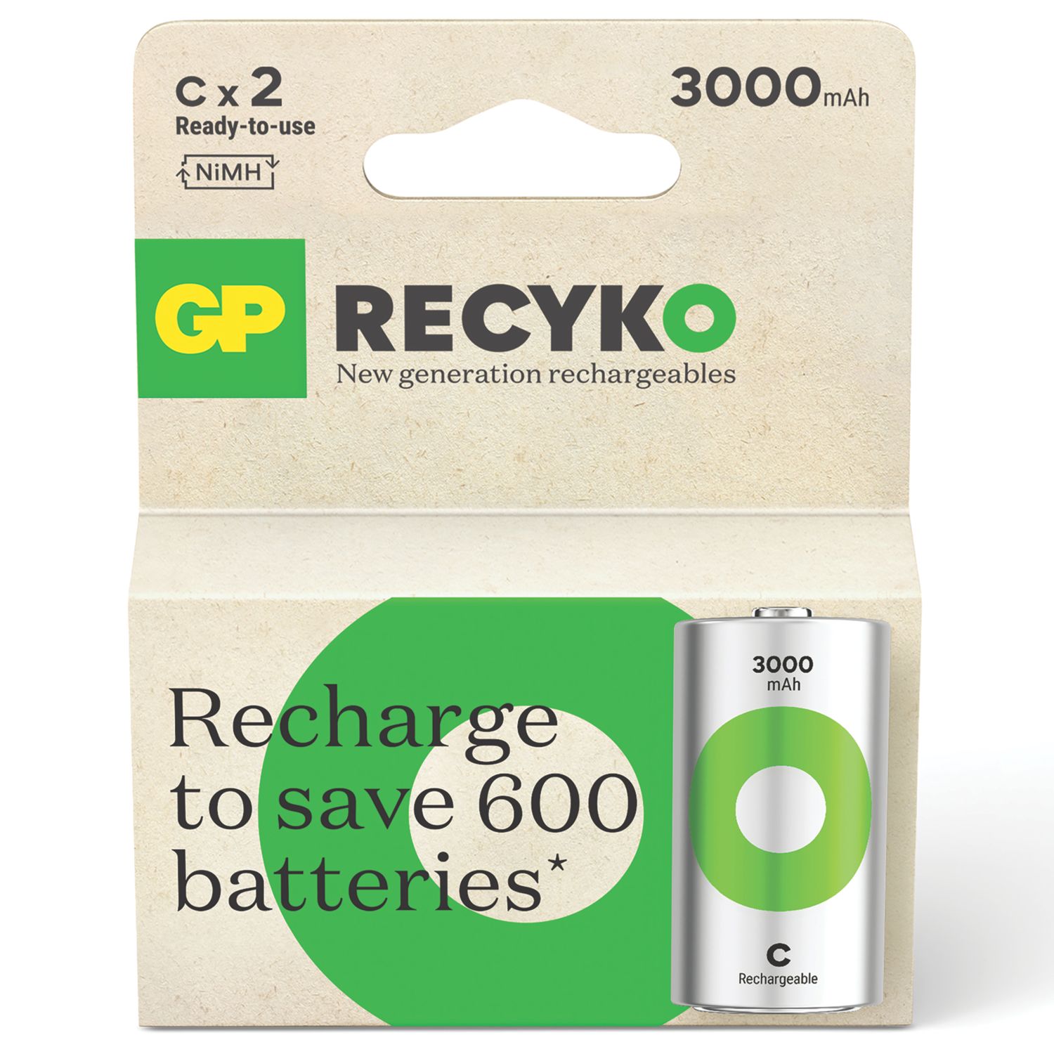GP Batteries Recyko Rechargeable C 1.2V Ni-MH Batteries 2 Pack (665RM)