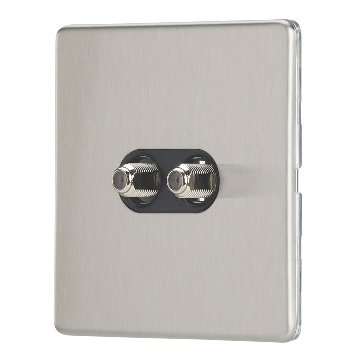 Contactum Lyric 2-Gang F-Type Satellite Socket Brushed Steel with Black Inserts (665RP)