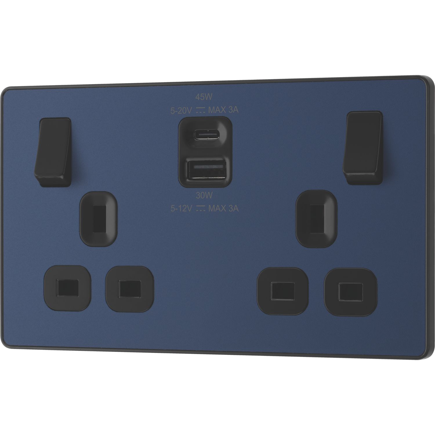 British General Evolve 13A 2-Gang SP Switched Socket + 3A 45W 2-Outlet Type A & C USB Charger Blue with Black Inserts (669YV)