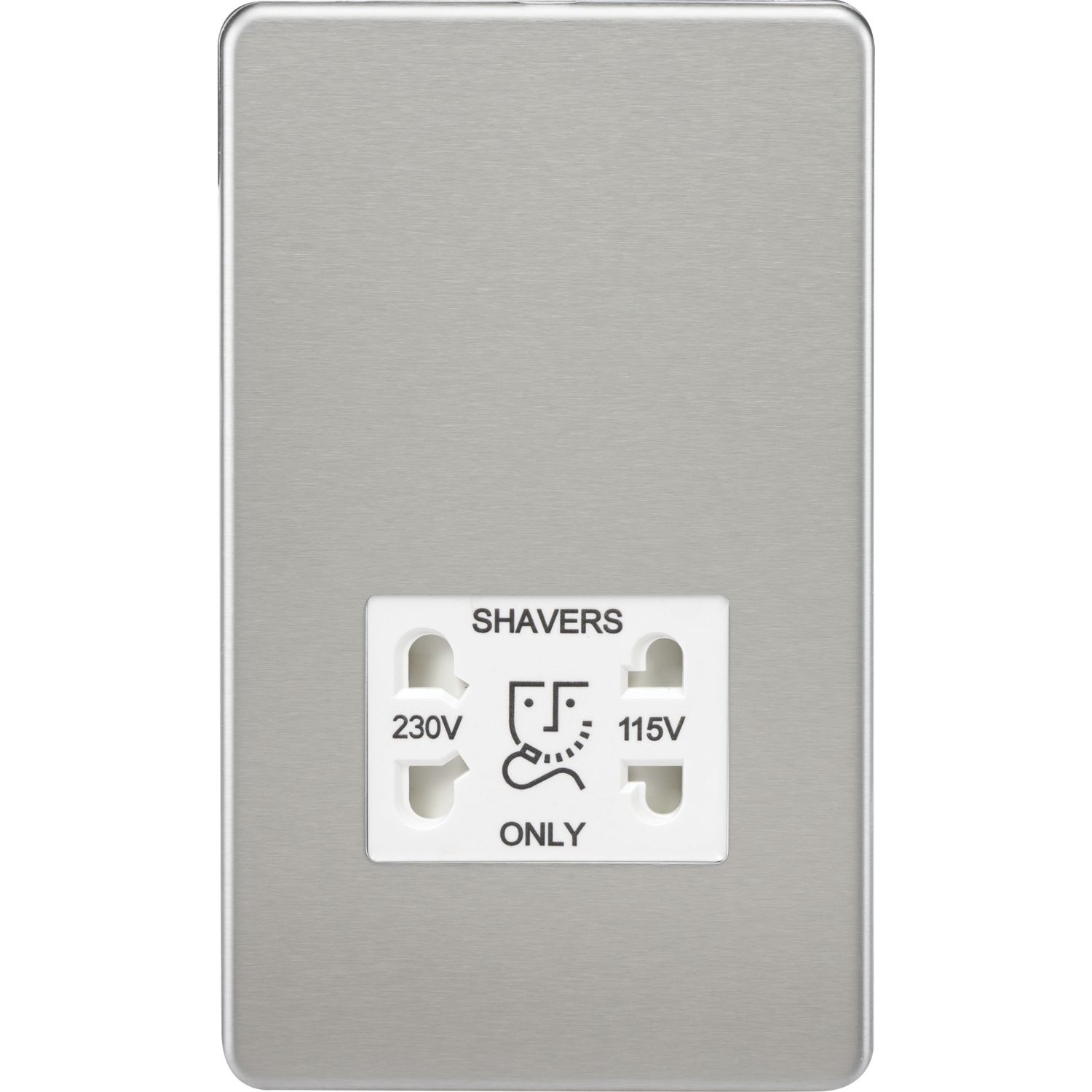 Knightsbridge 2-Gang Dual Voltage Shaver Socket 115 V / 230V Brushed Chrome with White Inserts (681VF)