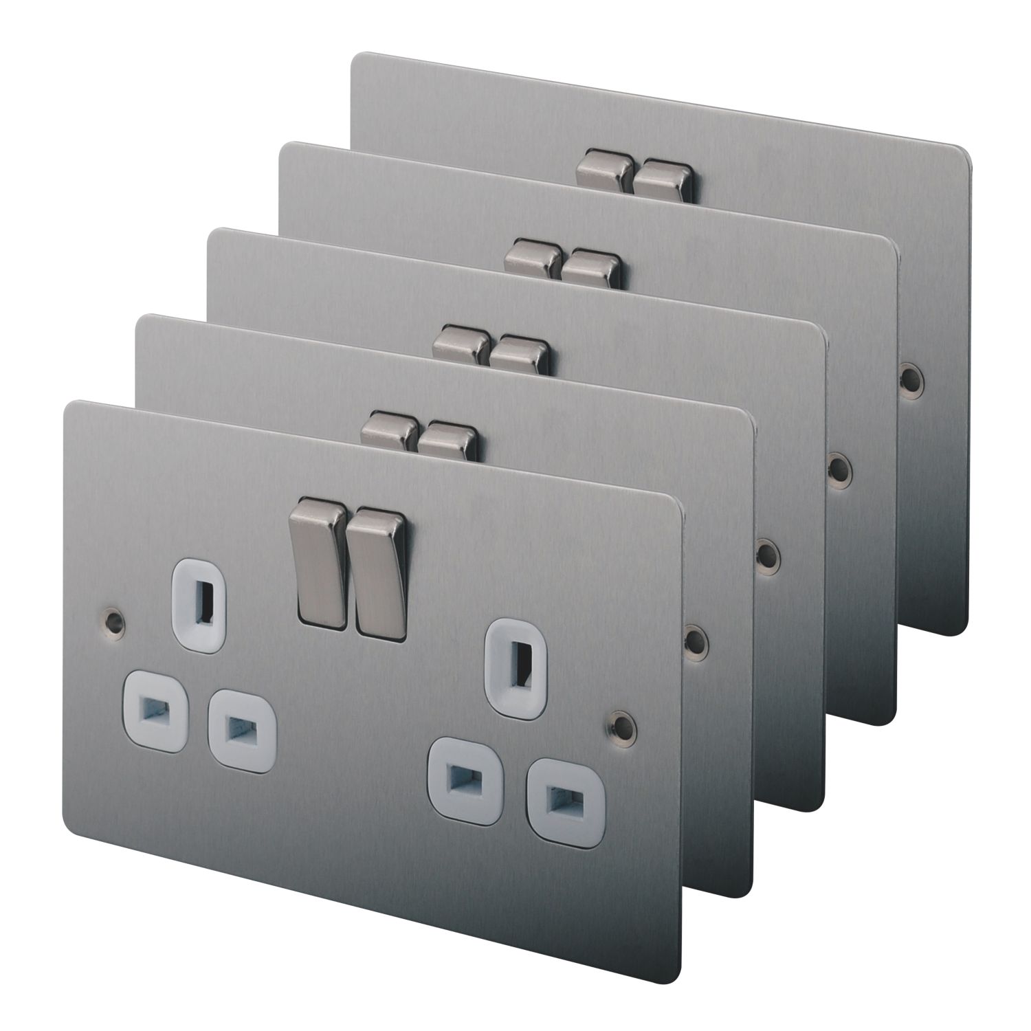 LAP 13A 2-Gang DP Switched Plug Sockets Brushed Stainless Steel with White Inserts 5 Pack (68831)