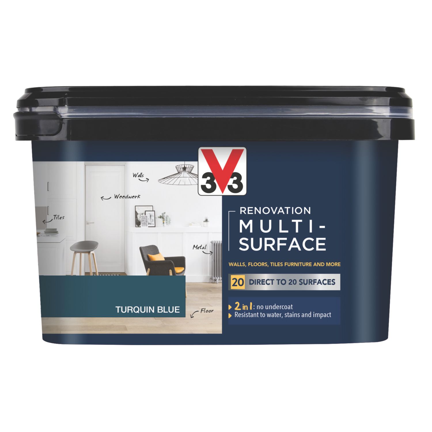 V33 2Ltr Turquin Blue Satin Acrylic Multi Surface Paint (706FW)