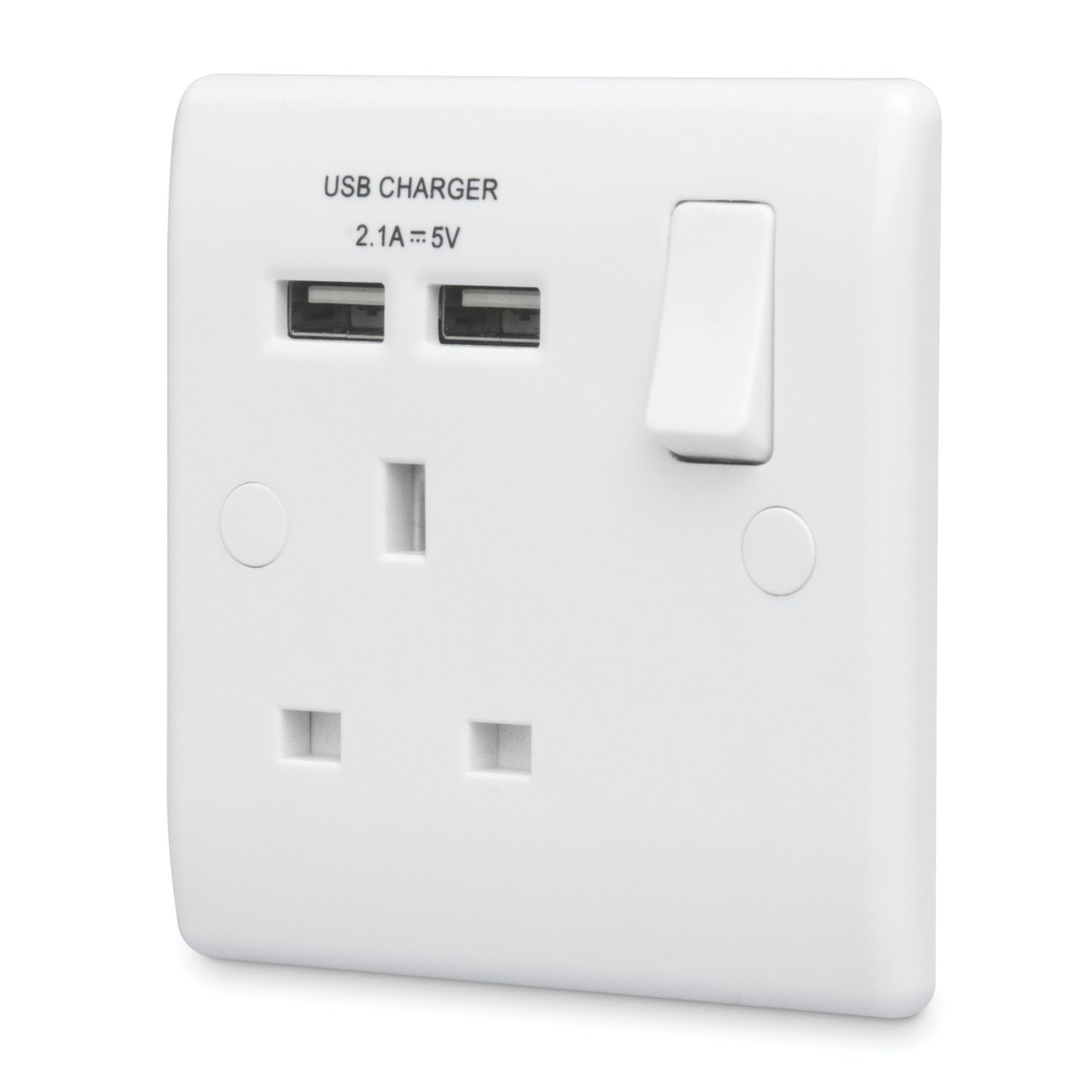 British General 800 Series 13A 1-Gang SP Switched Socket + 2.1A 10.5W 2-Outlet Type A USB Charger White (7119R)