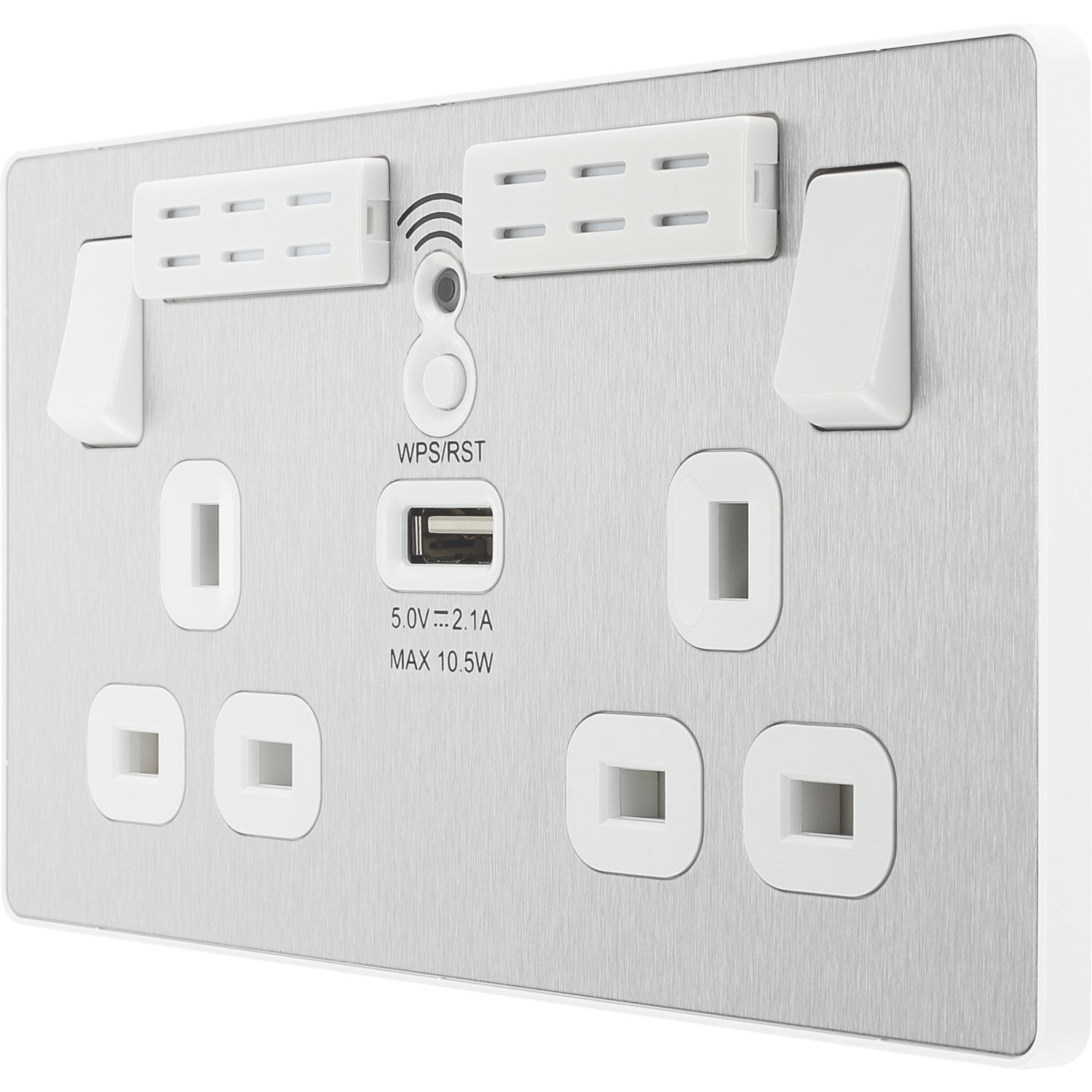 British General Evolve 13A 2-Gang SP Switched Wi-Fi Extender Socket + 2.1A 10.5W 1-Outlet Type A USB Charger Brushed Steel with White Inserts (713RF)