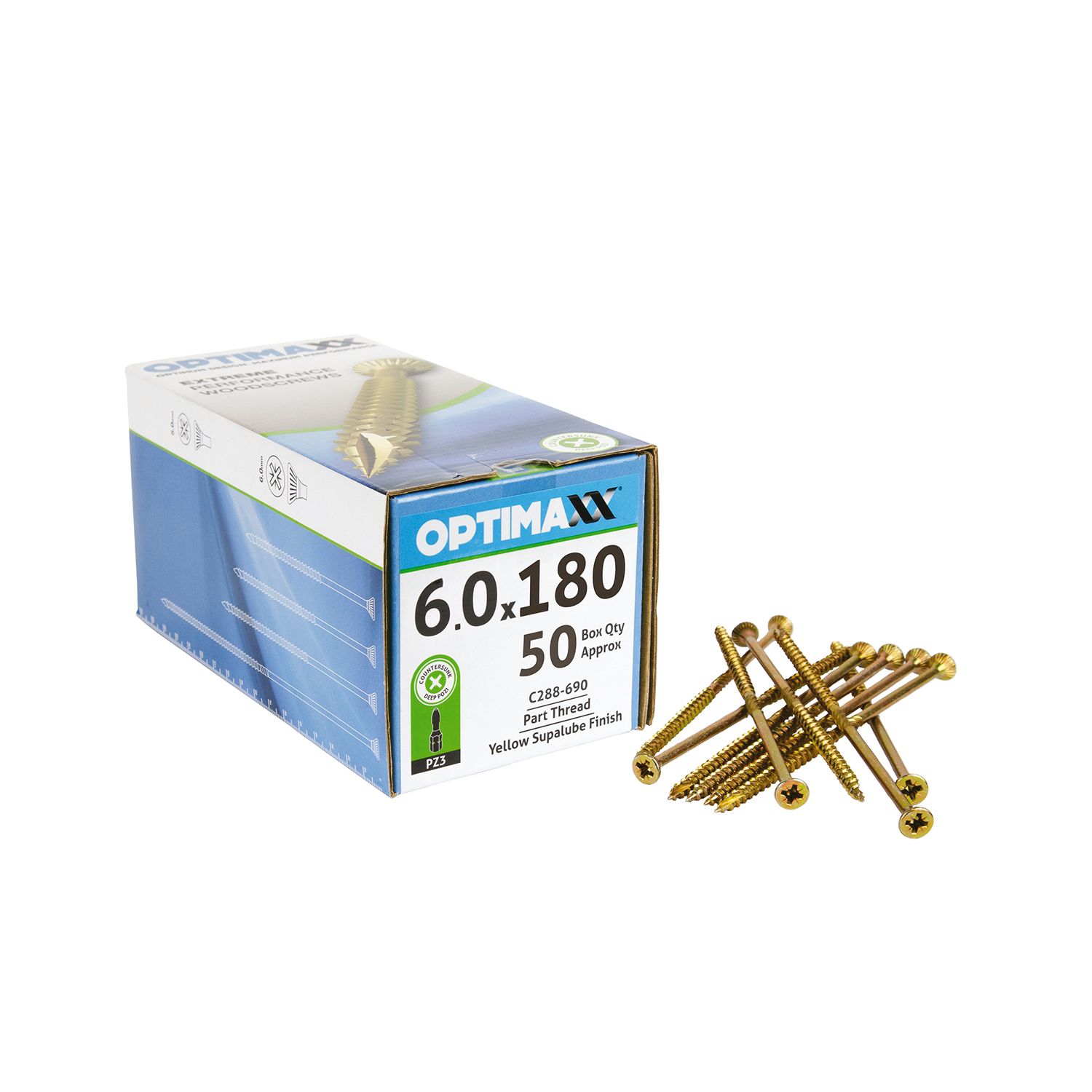 Optimaxx PZ Countersunk Wood Screws 6mm x 180mm 50 Pack (714TY)